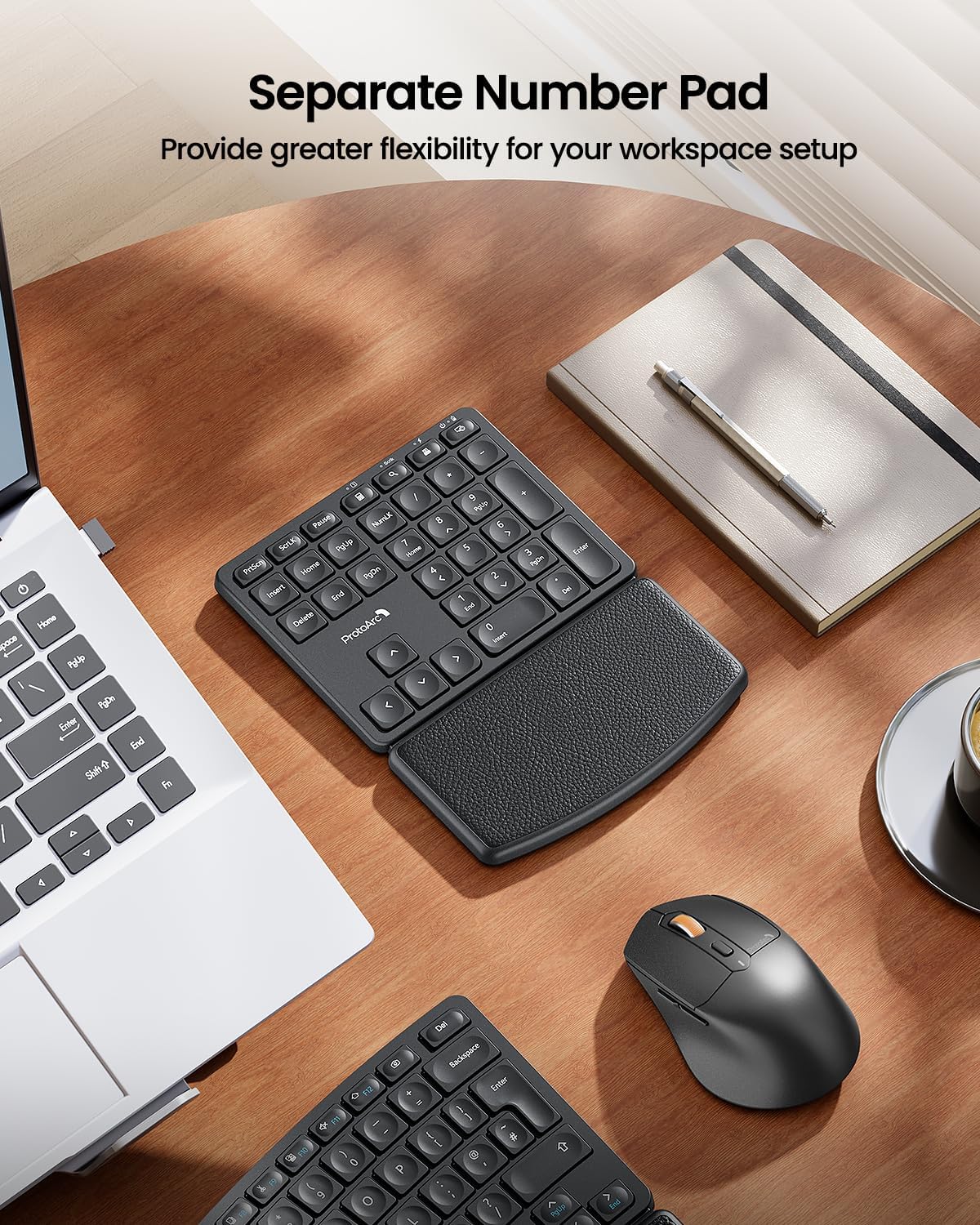 ProtoArc Ergonomic Keyboard Mouse, EKM04 2.4GHz Wireless Ergo Keyboard Mouse Combo, Separate Numeric Keypad, Split Design, Wrist Rest, Rechargeable, for Desktop, PC, Laptop, Windows