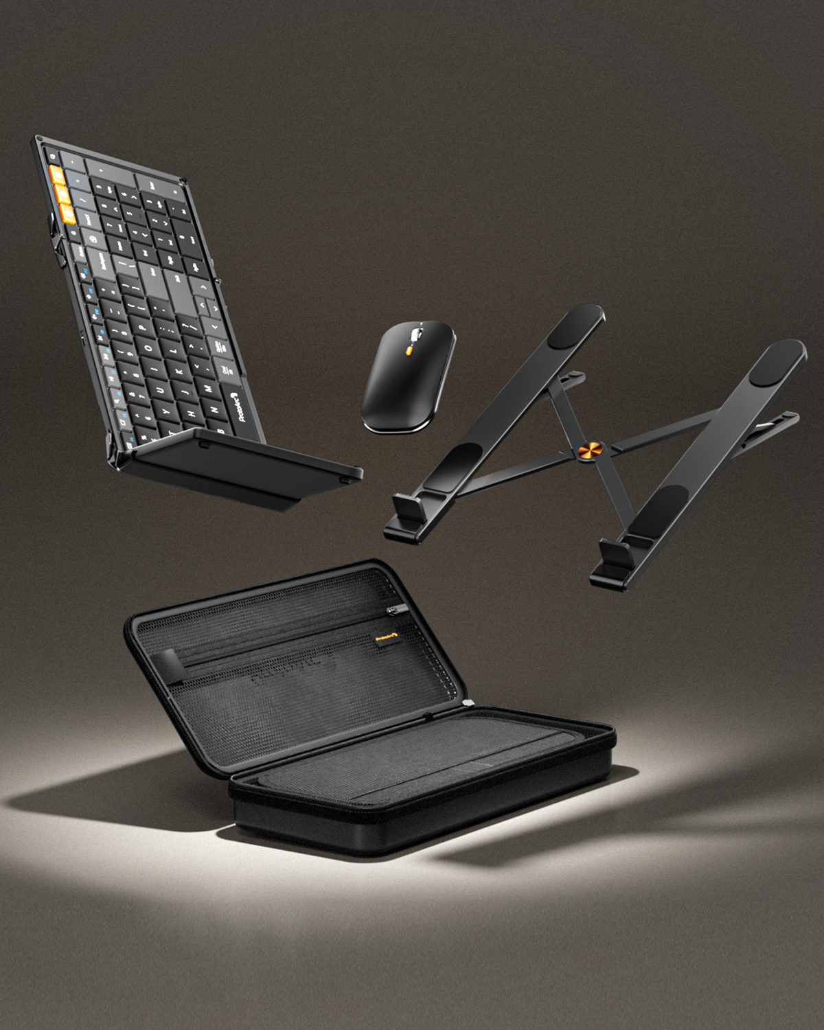XKM01 CaseUp foldable keyboard, mouse, laptop stand, and open case arranged on gradient background.