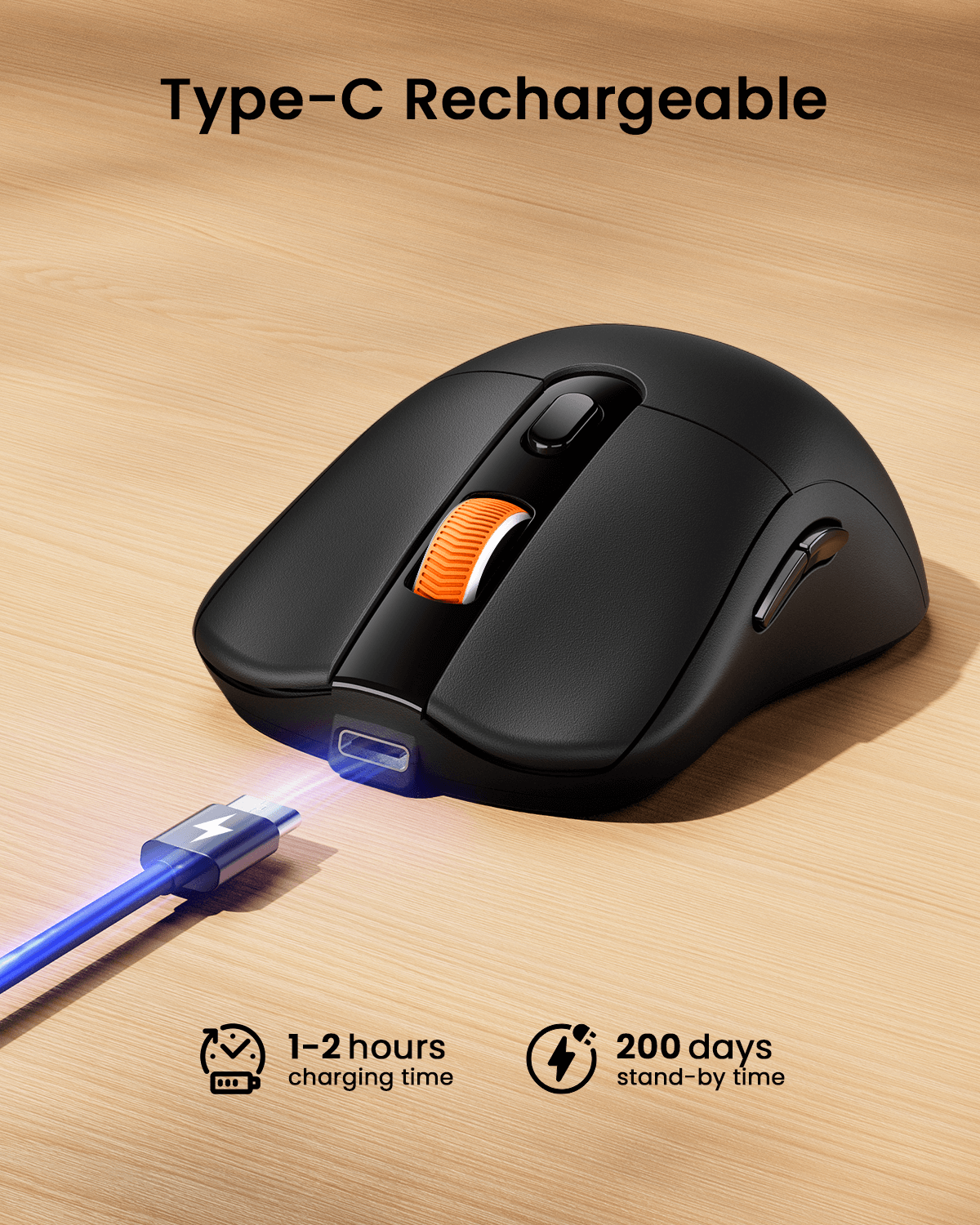 EM15 USB C wireless mouse charging with blue Type-C cable, highlighting 1-2 hour charge time and 200-day standby.