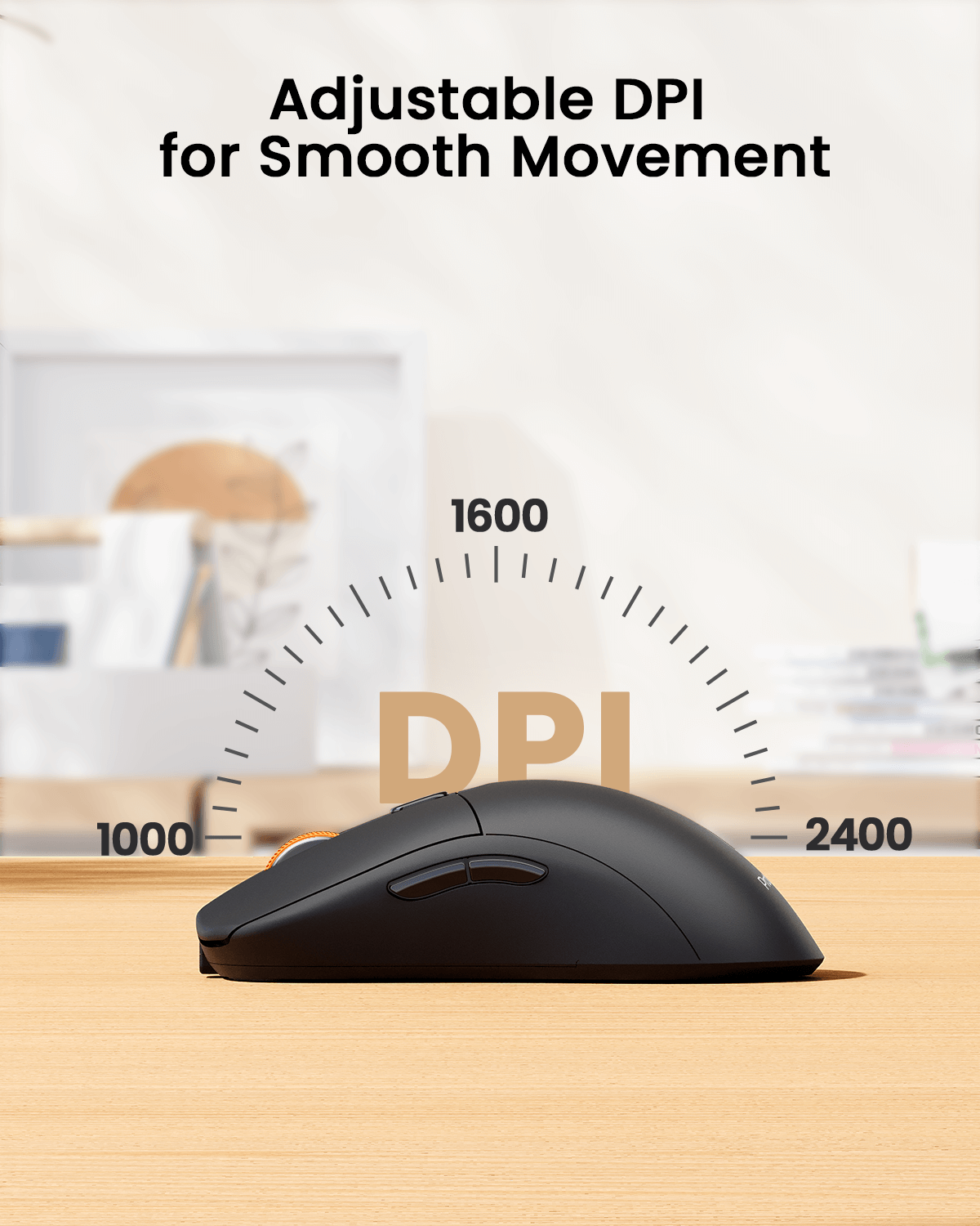 Black ergonomic EM15 wireless mouse with adjustable DPI from 1000-2400 on a wooden surface.
