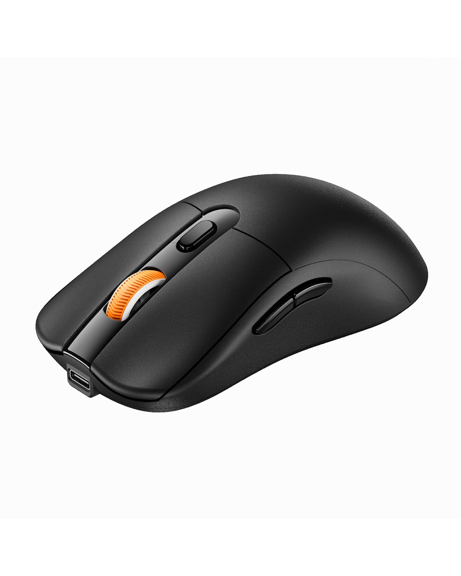 Black EM15 USB C wireless mouse with orange scroll wheel and Type-C port.