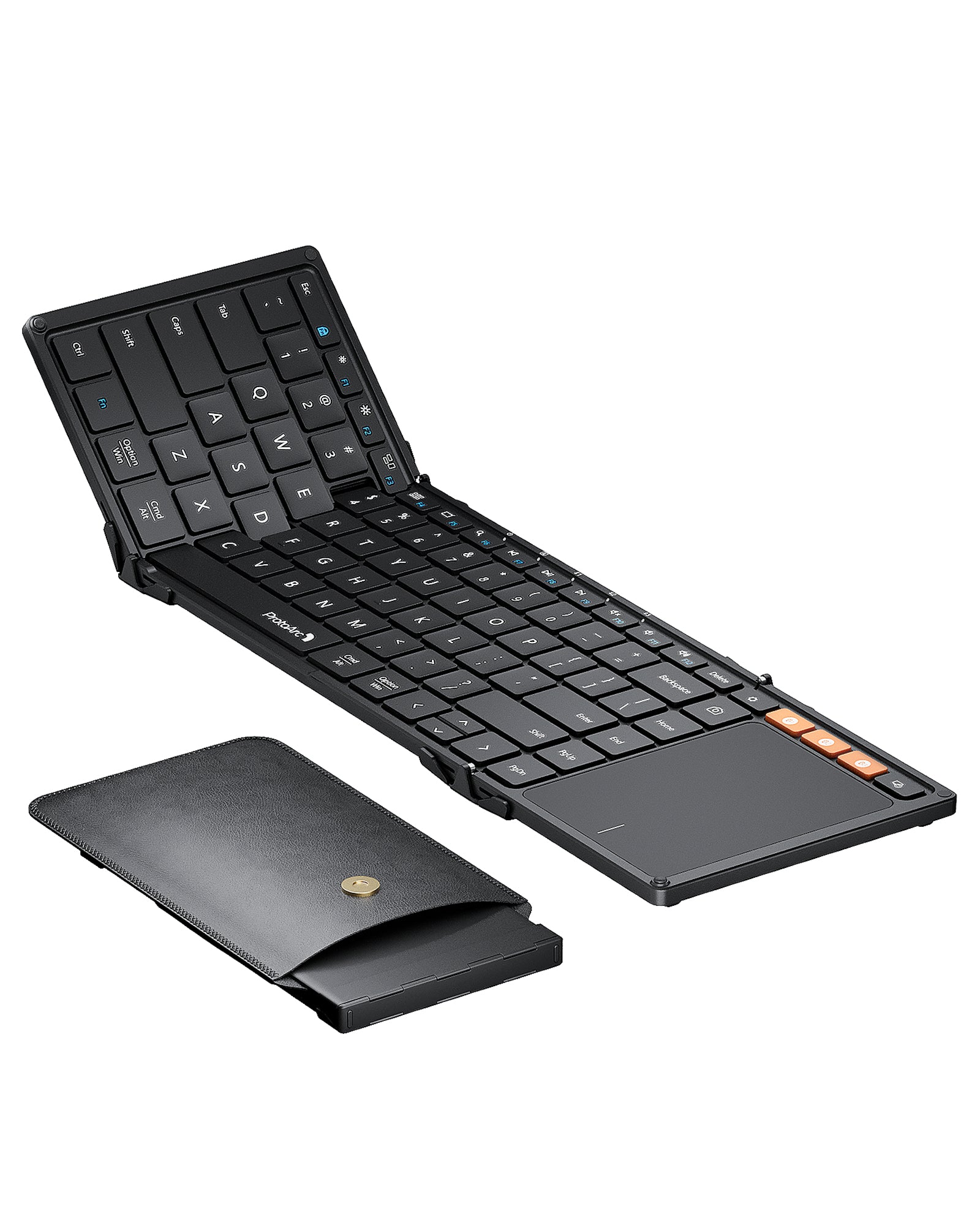 Black foldable Bluetooth keyboard with integrated touchpad, shown open next to its black leather carrying case.
