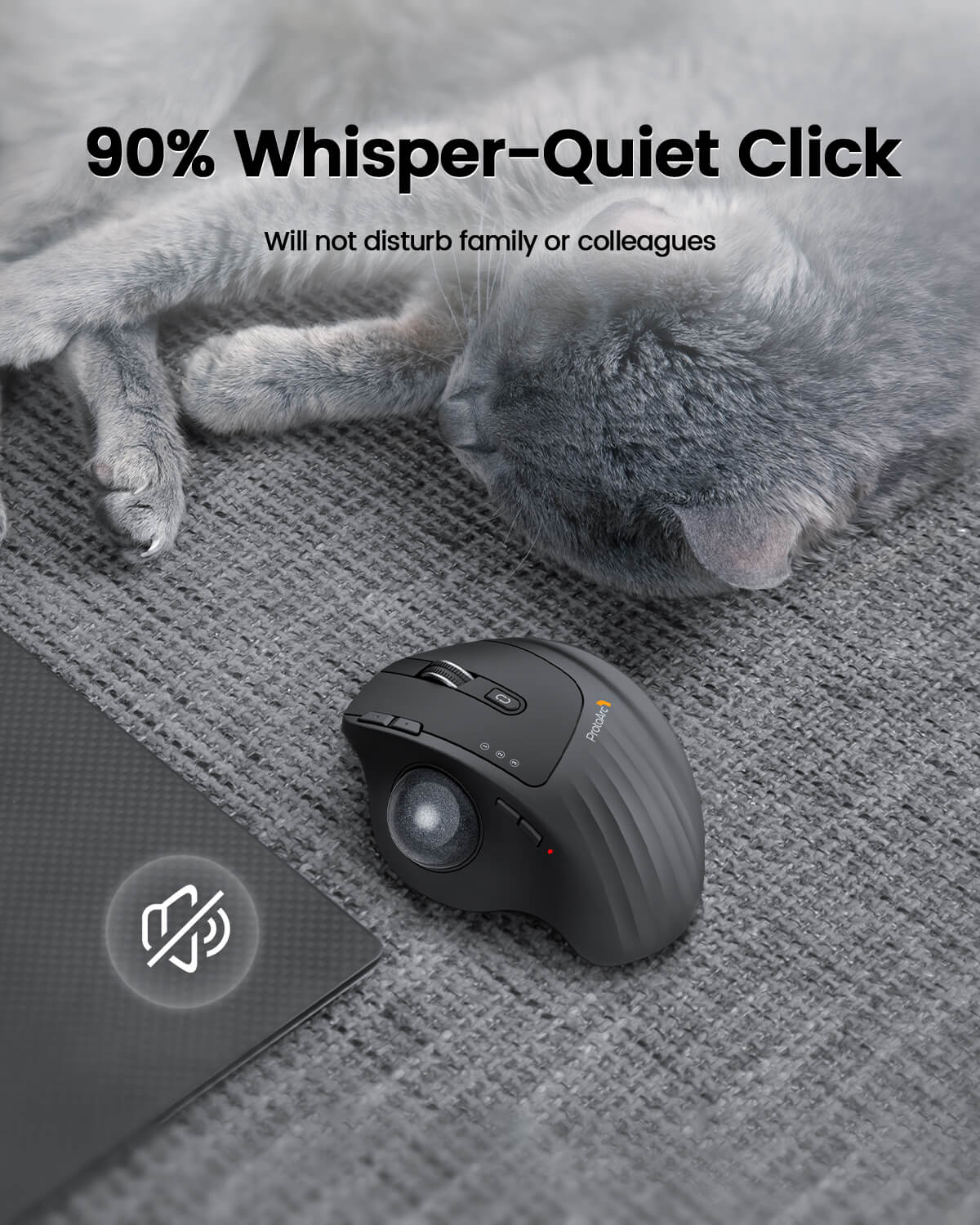 EM01 NL dark gray ergonomic trackball mouse demonstrating 90% whisper-quiet click feature next to a laptop.