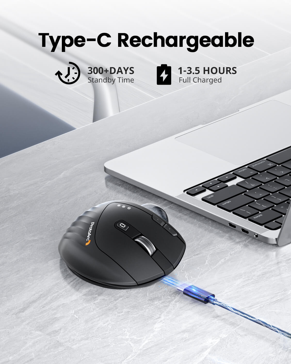 EM01 NL black ergonomic trackball mouse charging via USB-C, featuring up to 90 days battery life.