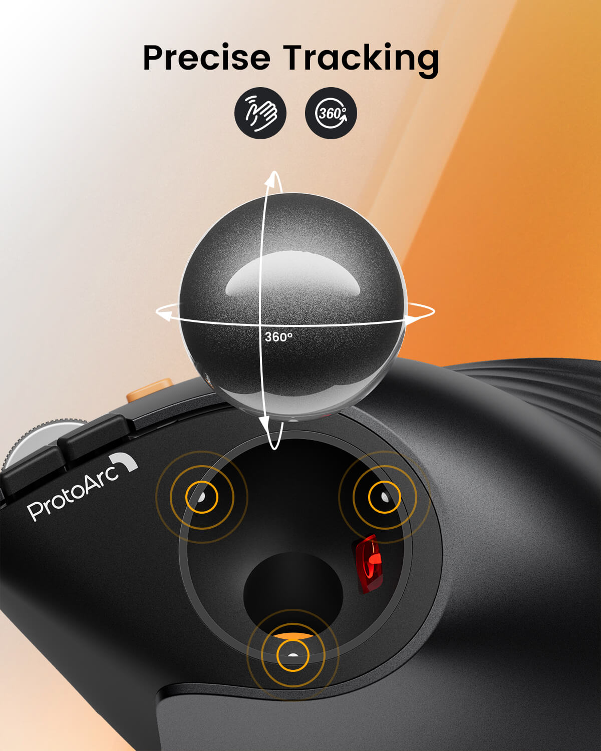ProtoArc EM05 NL trackball mouse featuring precise 360-degree thumb tracking and ergonomic design.