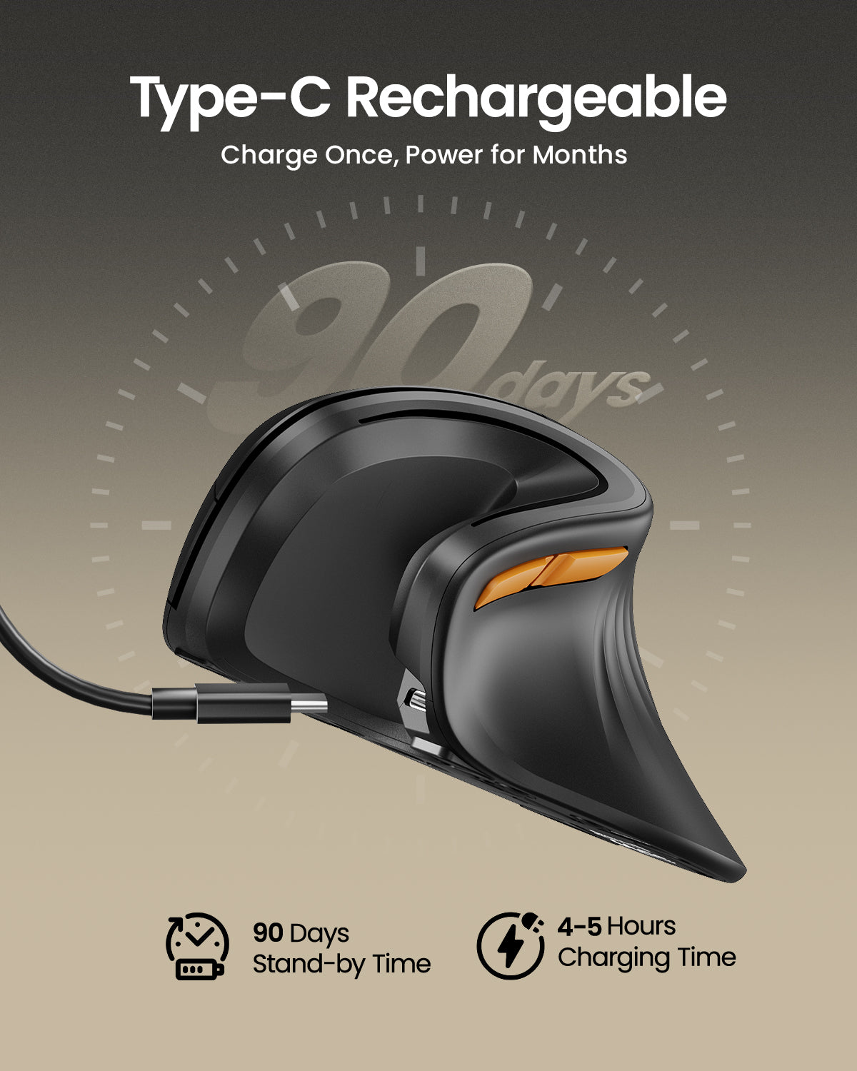 EM11 NL black ergonomic vertical mouse, Type-C rechargeable, 90 days standby, 4-5 hours charge.