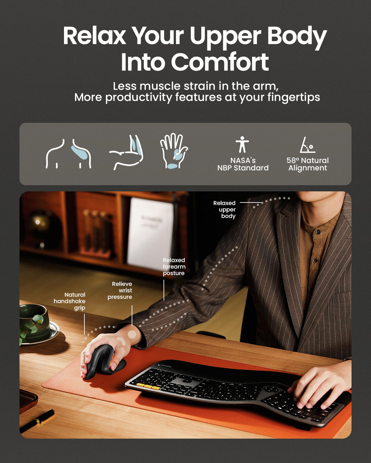 EM11 NL ergonomic vertical mouse promotes comfort: natural grip, NASA standard, 58° alignment for relaxed posture.