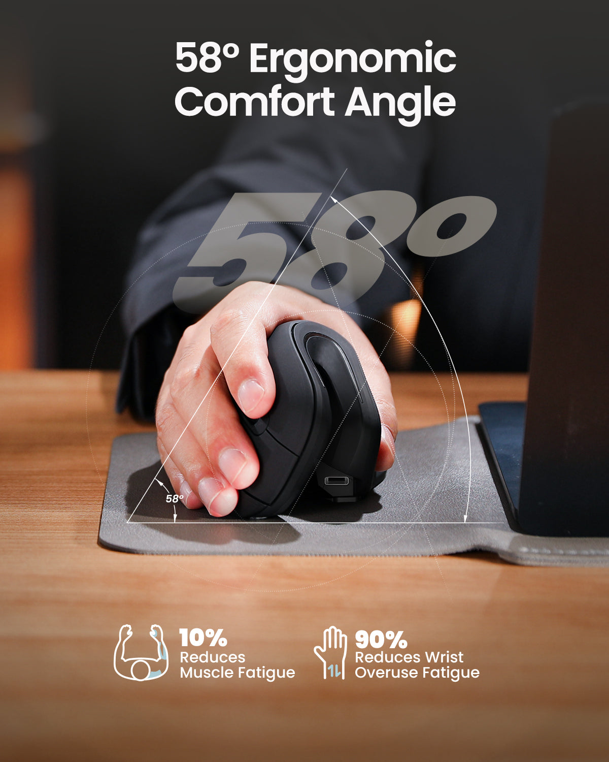 EM11 NL Bluetooth vertical mouse: 58° ergonomic comfort angle reduces muscle and wrist overuse fatigue.