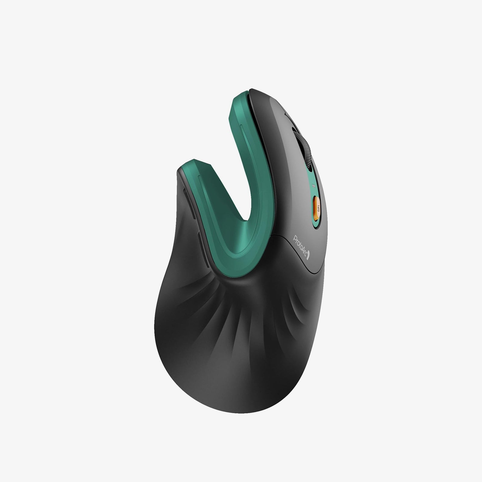 EM11 NL Bluetooth ergonomic vertical mouse in dark grey and teal, featuring sculpted design, scroll wheel, and DPI button.