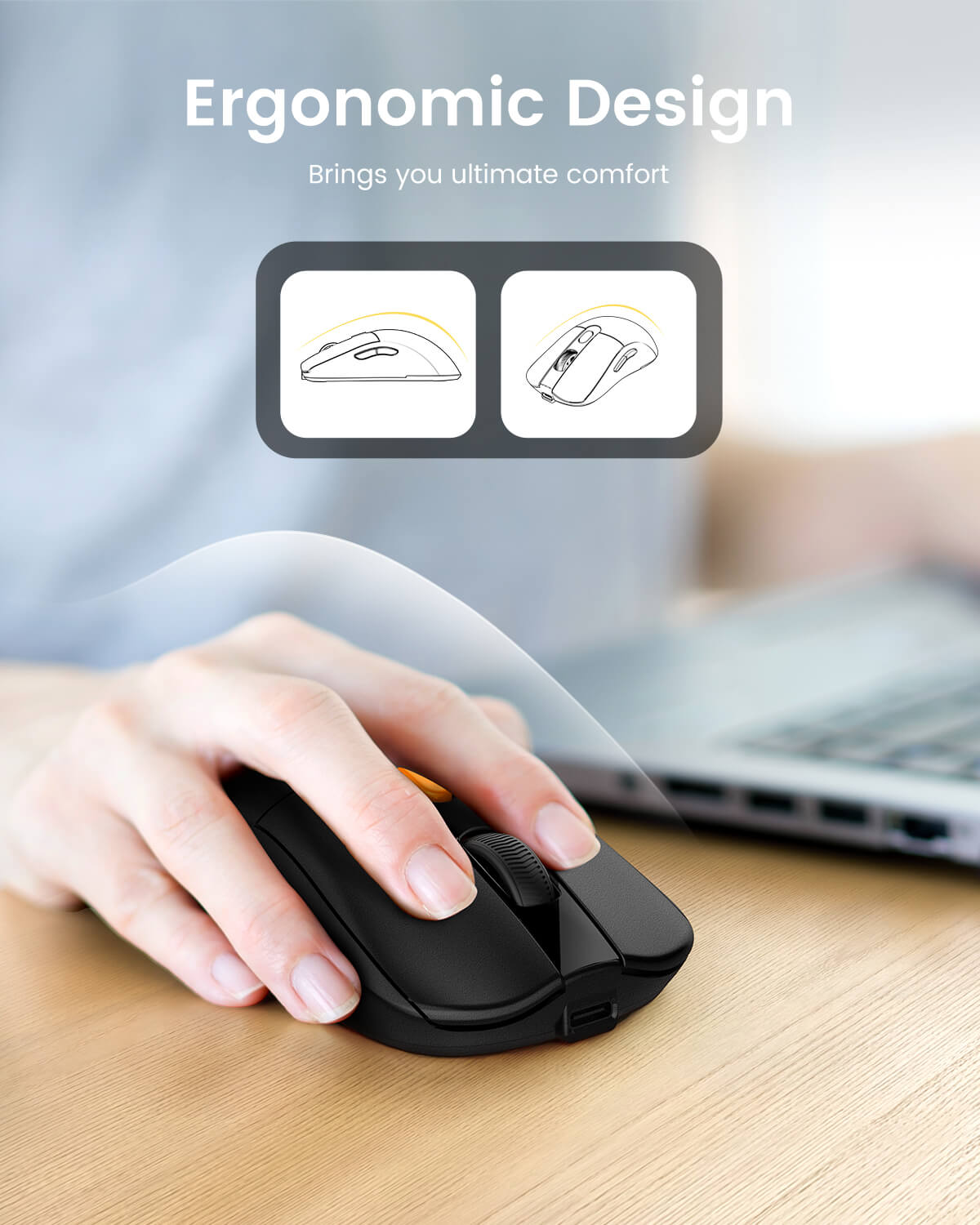 Black EM15 wireless mouse with ergonomic design, showing hand placement and scroll wheel. Includes diagrams of its shape.