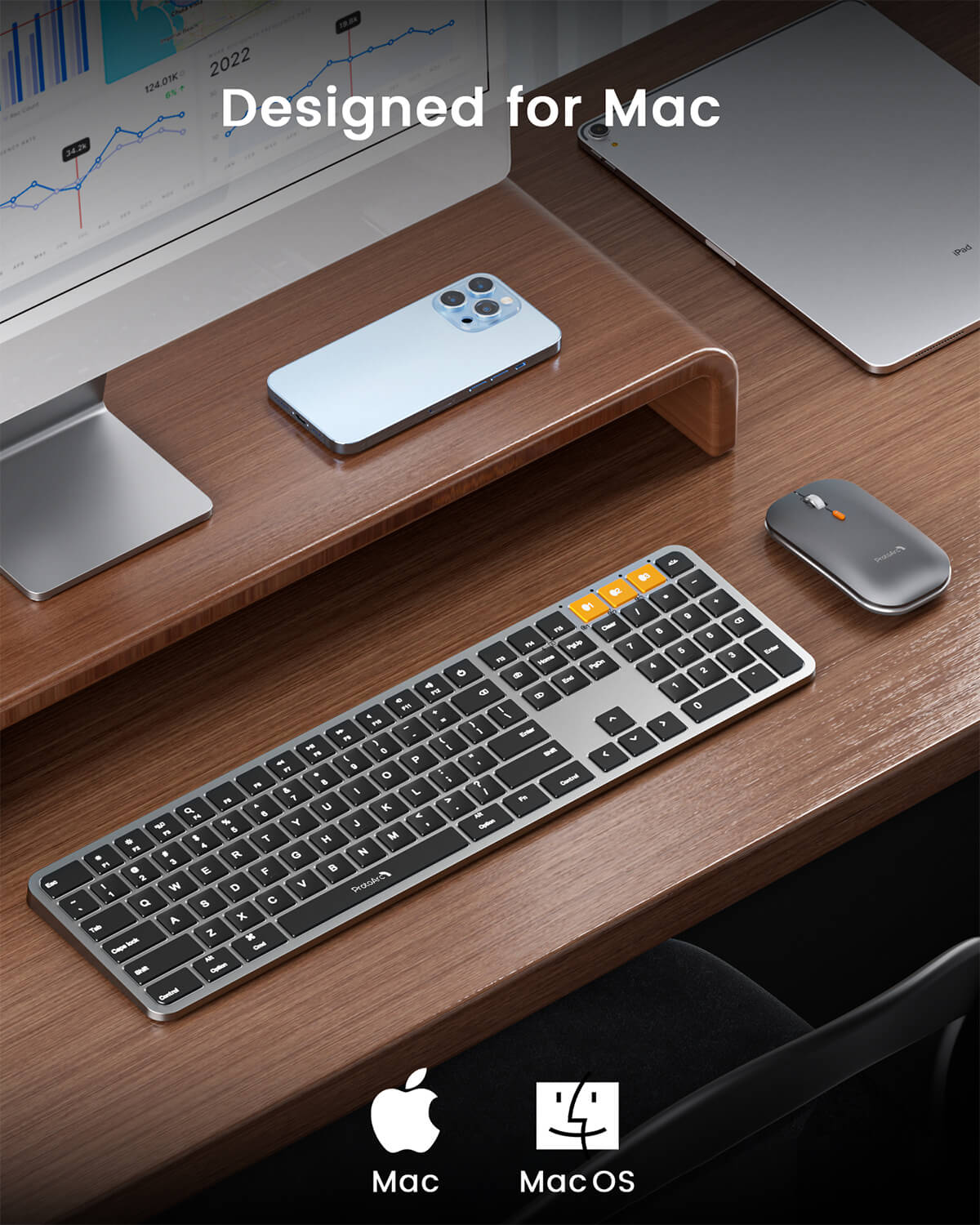 KM100-A backlit Bluetooth keyboard and mouse combo in space gray, designed for Mac, with illuminated keys.
