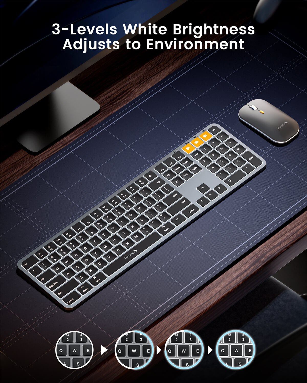 KM100-A Backlit Bluetooth Keyboard and Mouse Combo for Mac, demonstrating adjustable white LED brightness.