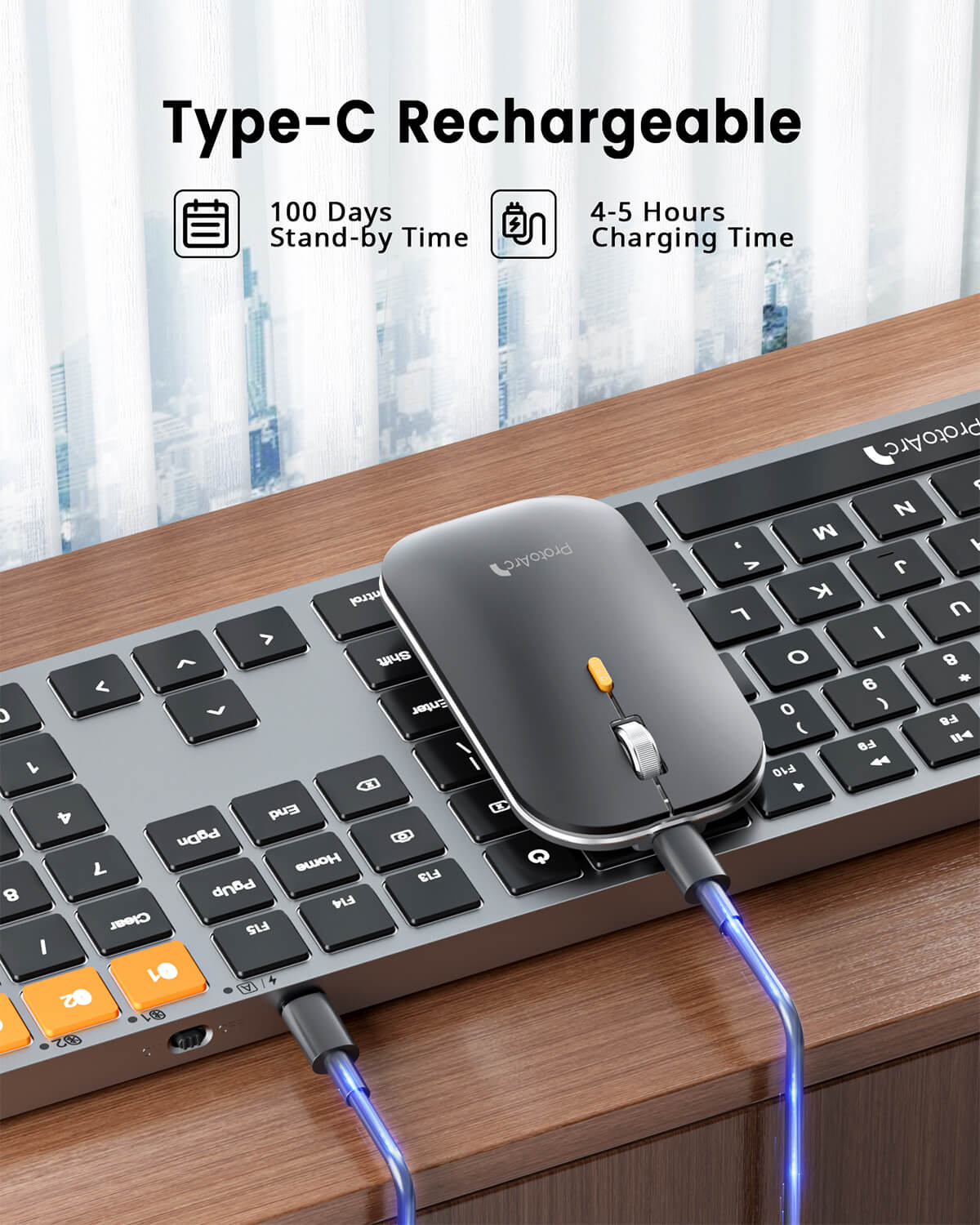 ProtoArc KM100-A keyboard & mouse charging via Type-C. Highlights 100-day standby & 4-5 hr charge.