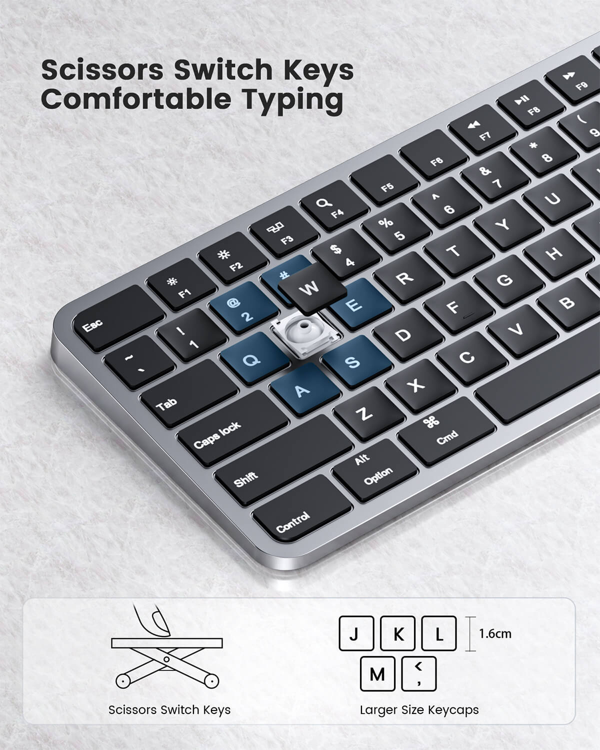 KM100-A Mac keyboard with scissor switch keys, larger keycaps, white LED backlight, and 3-device Bluetooth.