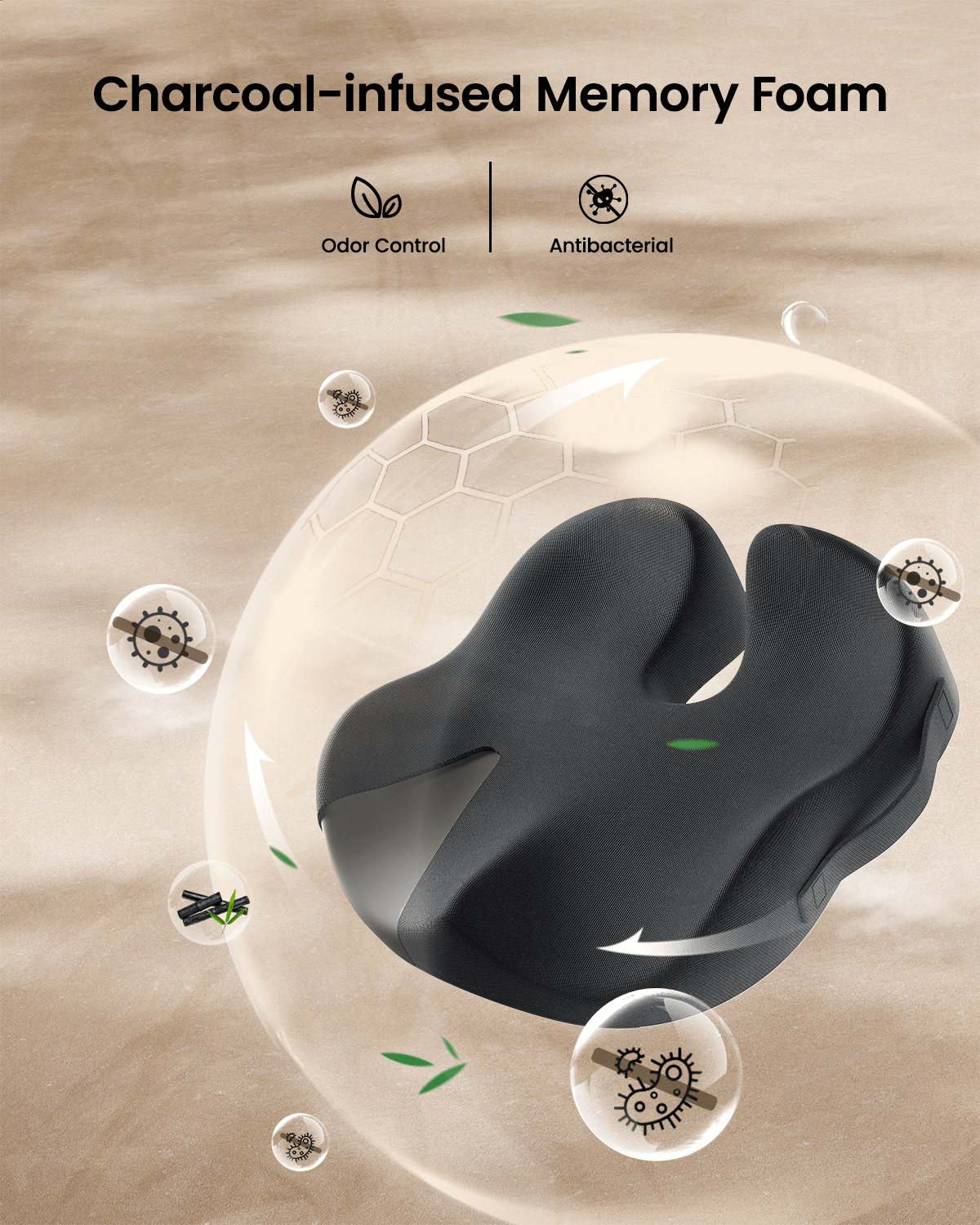 SC Butterfly Seat Cushion: charcoal memory foam, odor control, antibacterial. Ergonomic dark gray design.