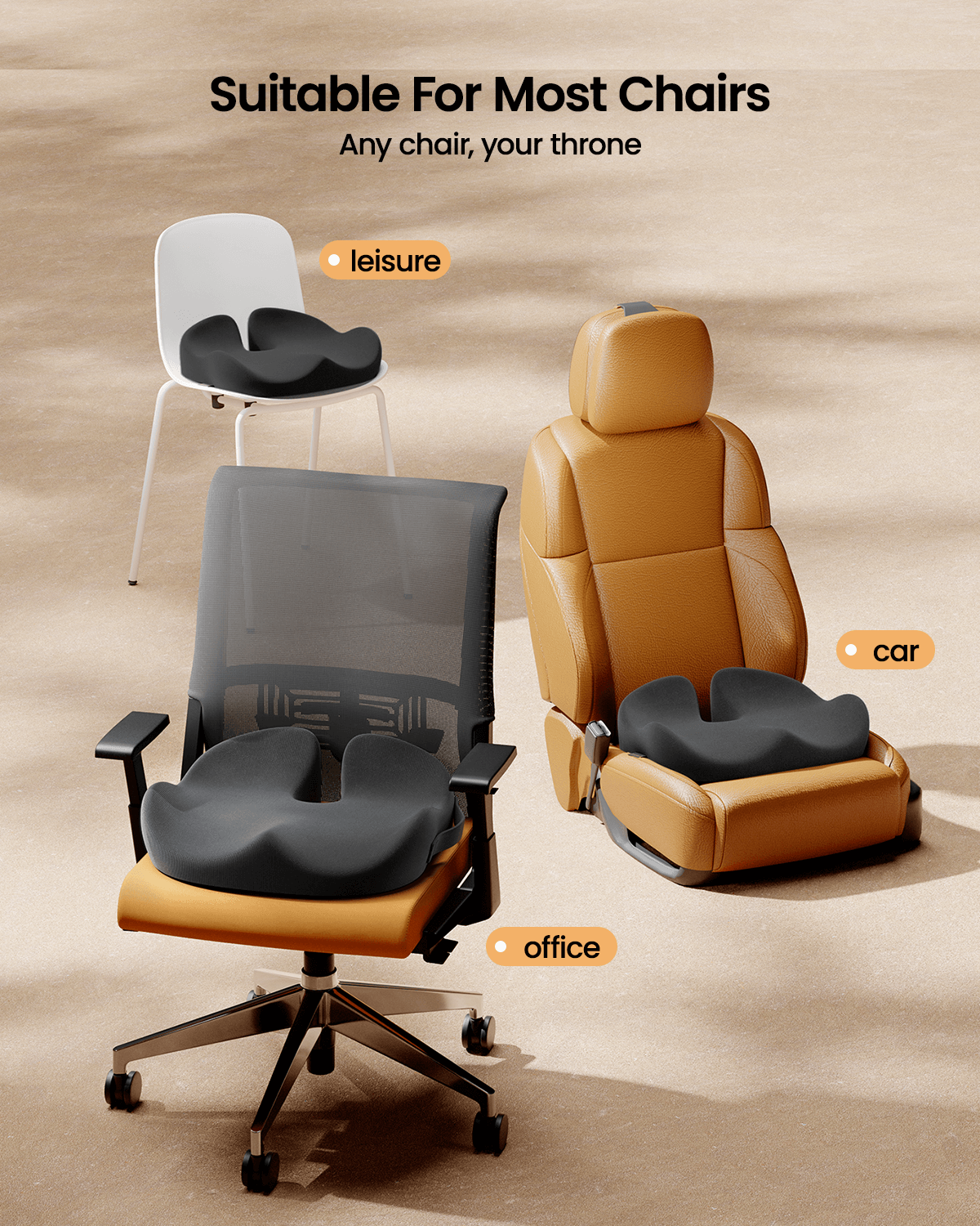 Black SC Butterfly Ergonomic Seat Cushion shown in office, car, and leisure chair settings.