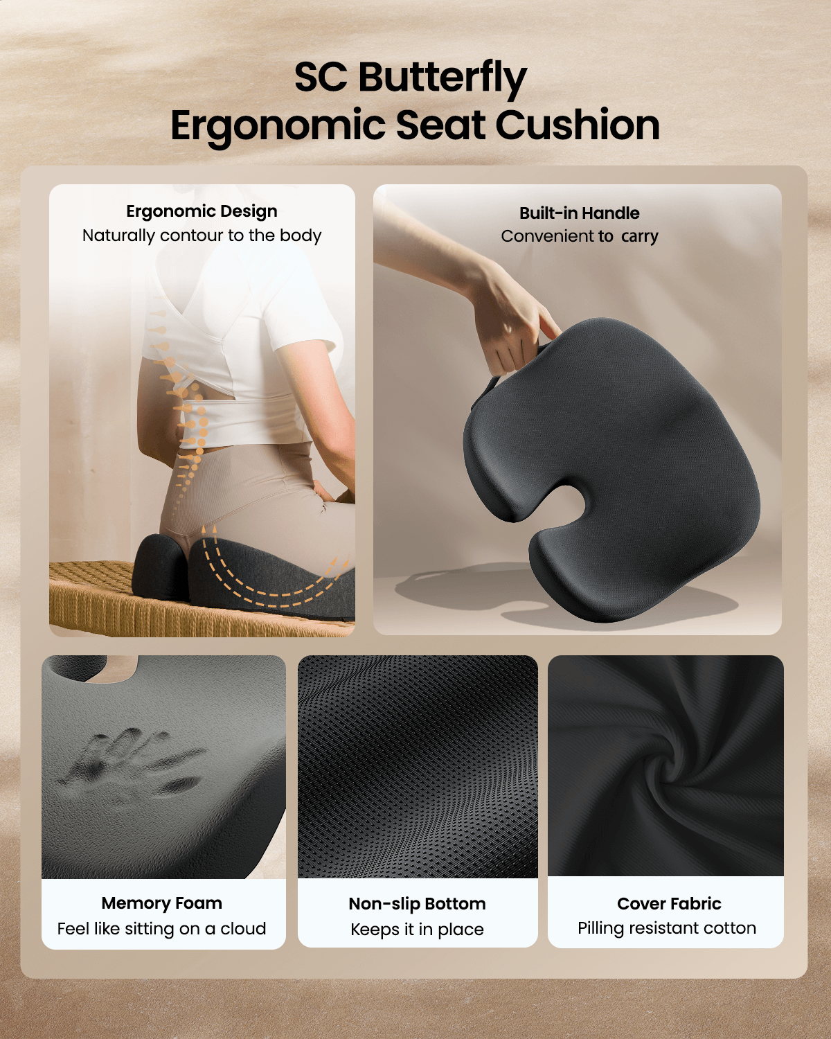 SC Butterfly Ergonomic Seat Cushion featuring memory foam, non-slip bottom, and pilling-resistant cover fabric.