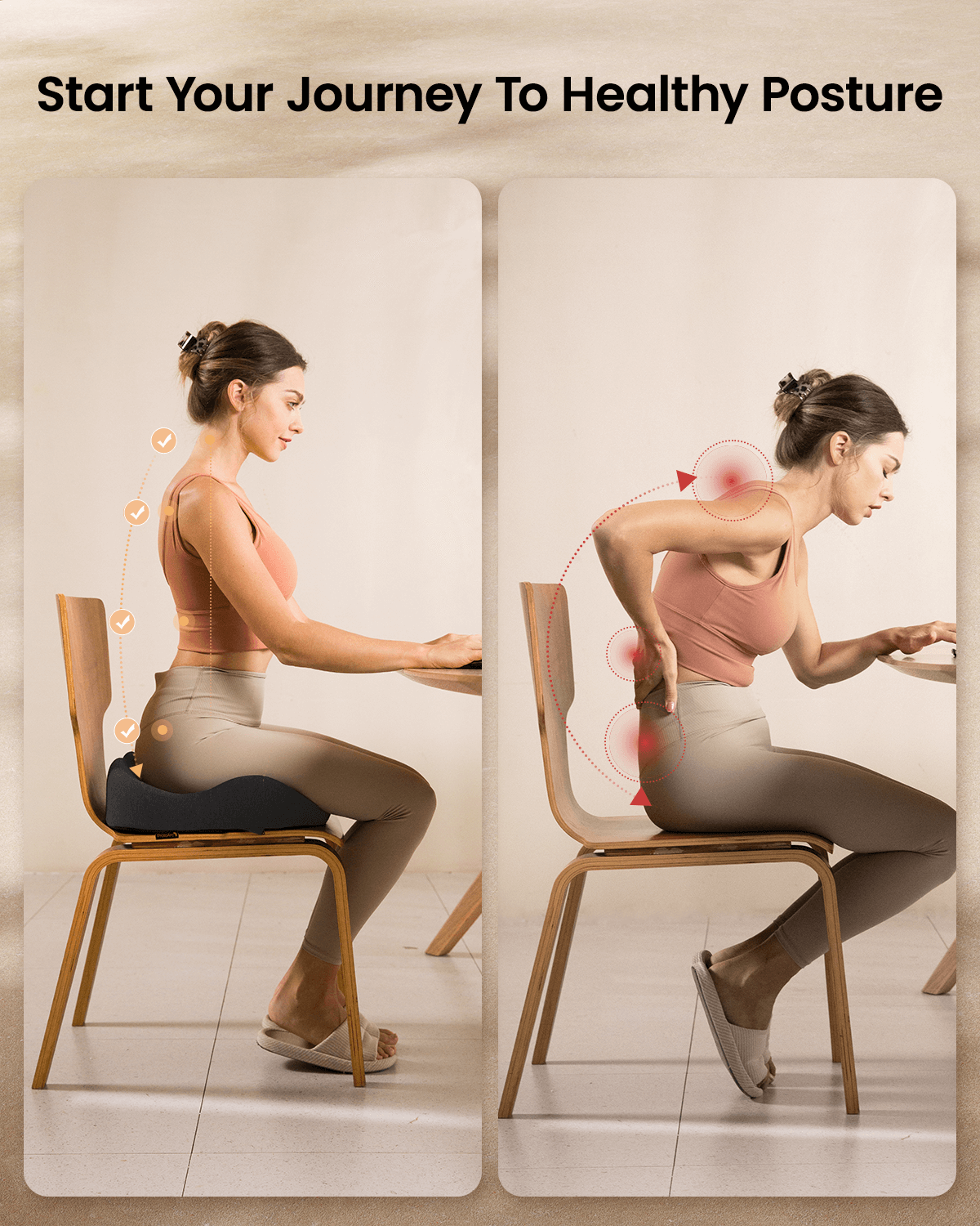 SC Butterfly Ergonomic Seat Cushion for healthy posture. Side-by-side comparison showing correct vs. poor posture.