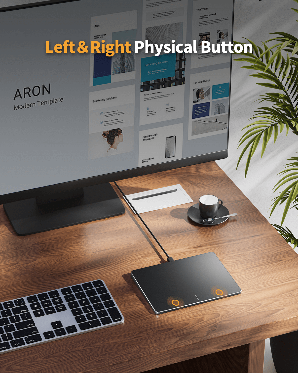 Black T1 wired trackpad with dual physical click buttons on a wooden desk.