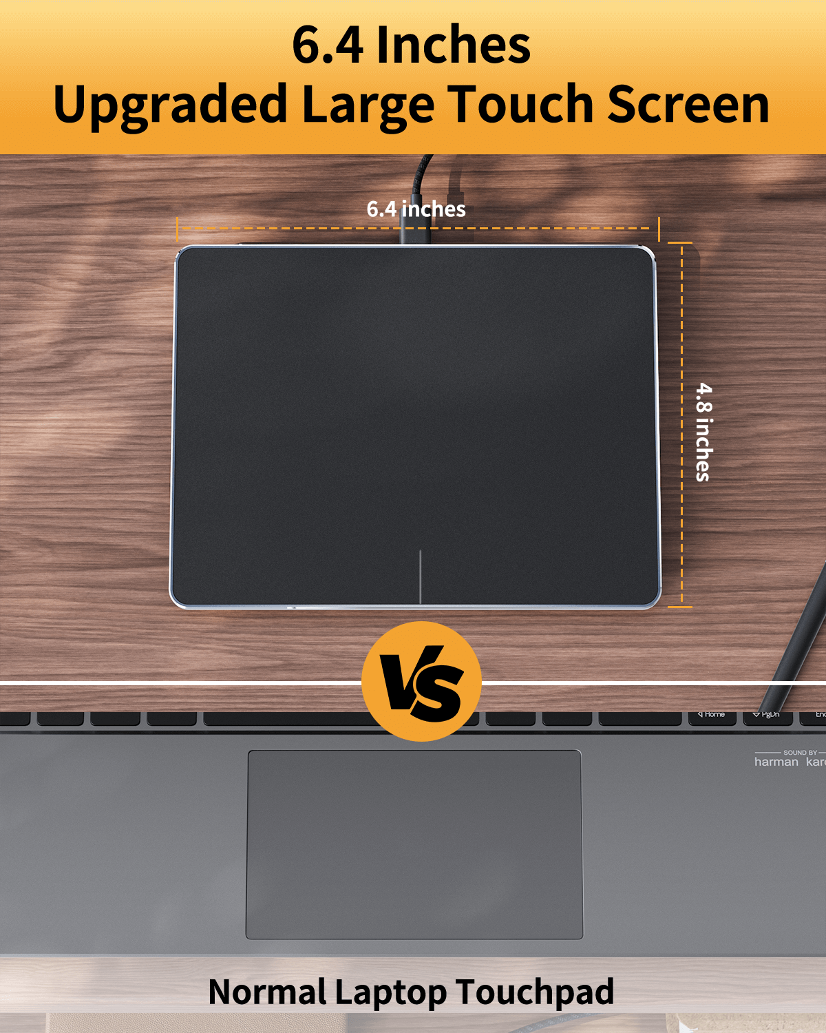 ProtoArc T1 wired trackpad for Windows, 6.4-inch ultra-large touch screen compared to a normal laptop touchpad.