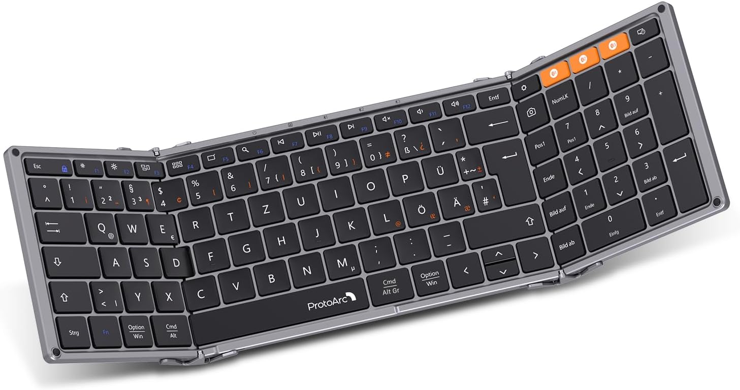 Black XK01 Tri-Fold Bluetooth Keyboard with German DE layout, orange function keys, and matte texture keys on aluminum frame.