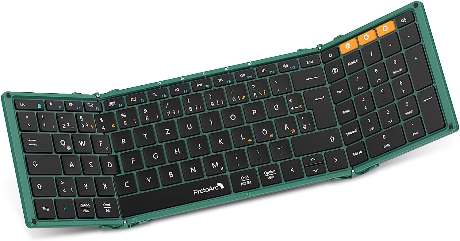 Dark green XK01 tri-fold Bluetooth keyboard with German DE layout, orange function keys, partially unfolded.