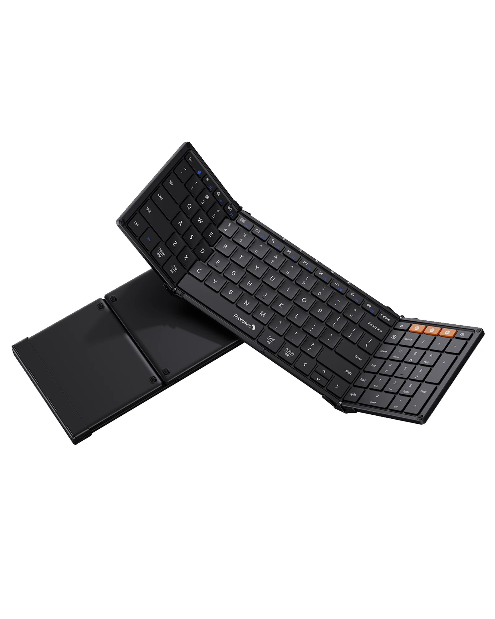 Black ProtoArc XK01 foldable Bluetooth keyboard, open, showing keys and layout.