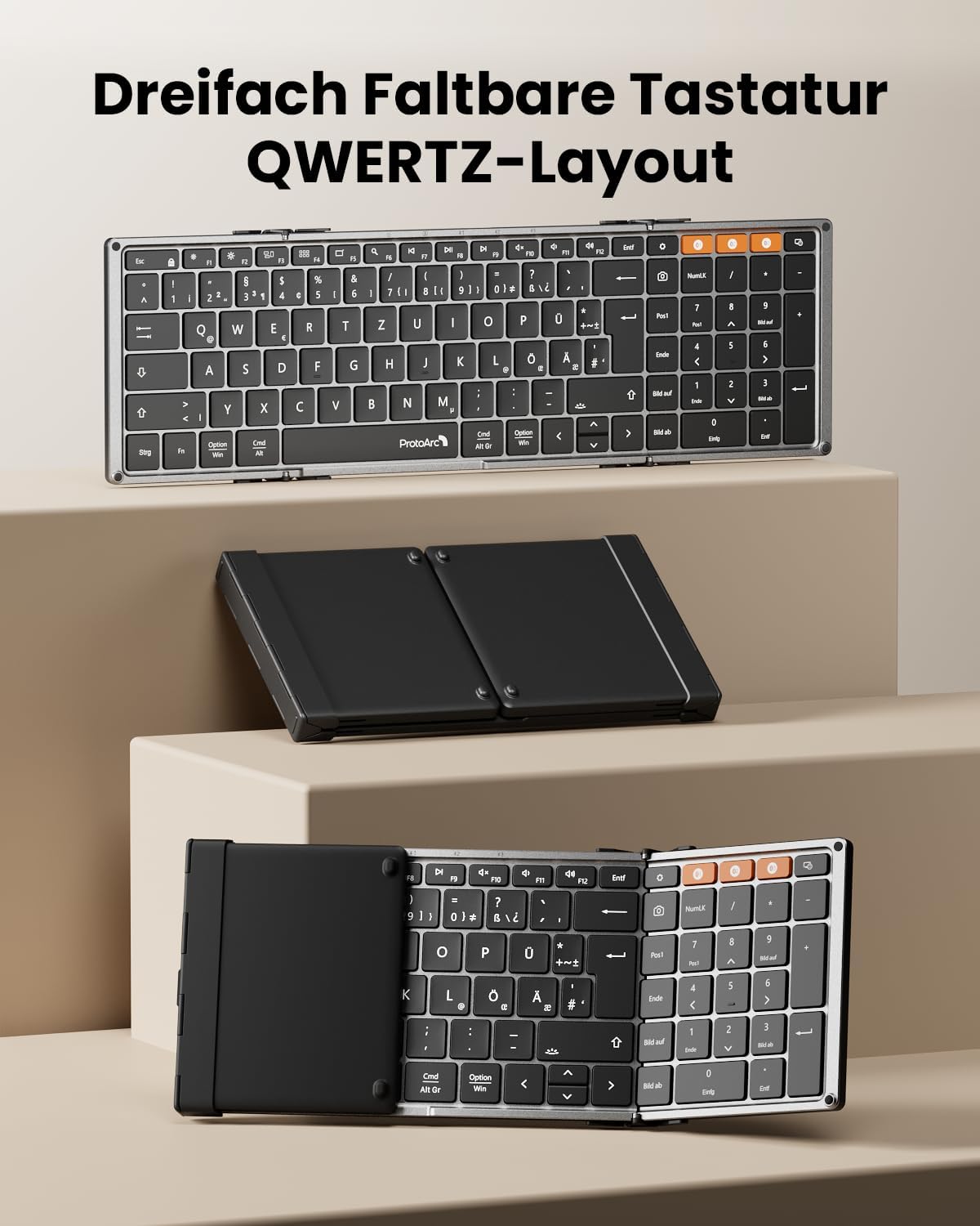 XK01 Plus foldable Bluetooth keyboard, silver and black with DE QWERTZ layout, shown folded and unfolded.