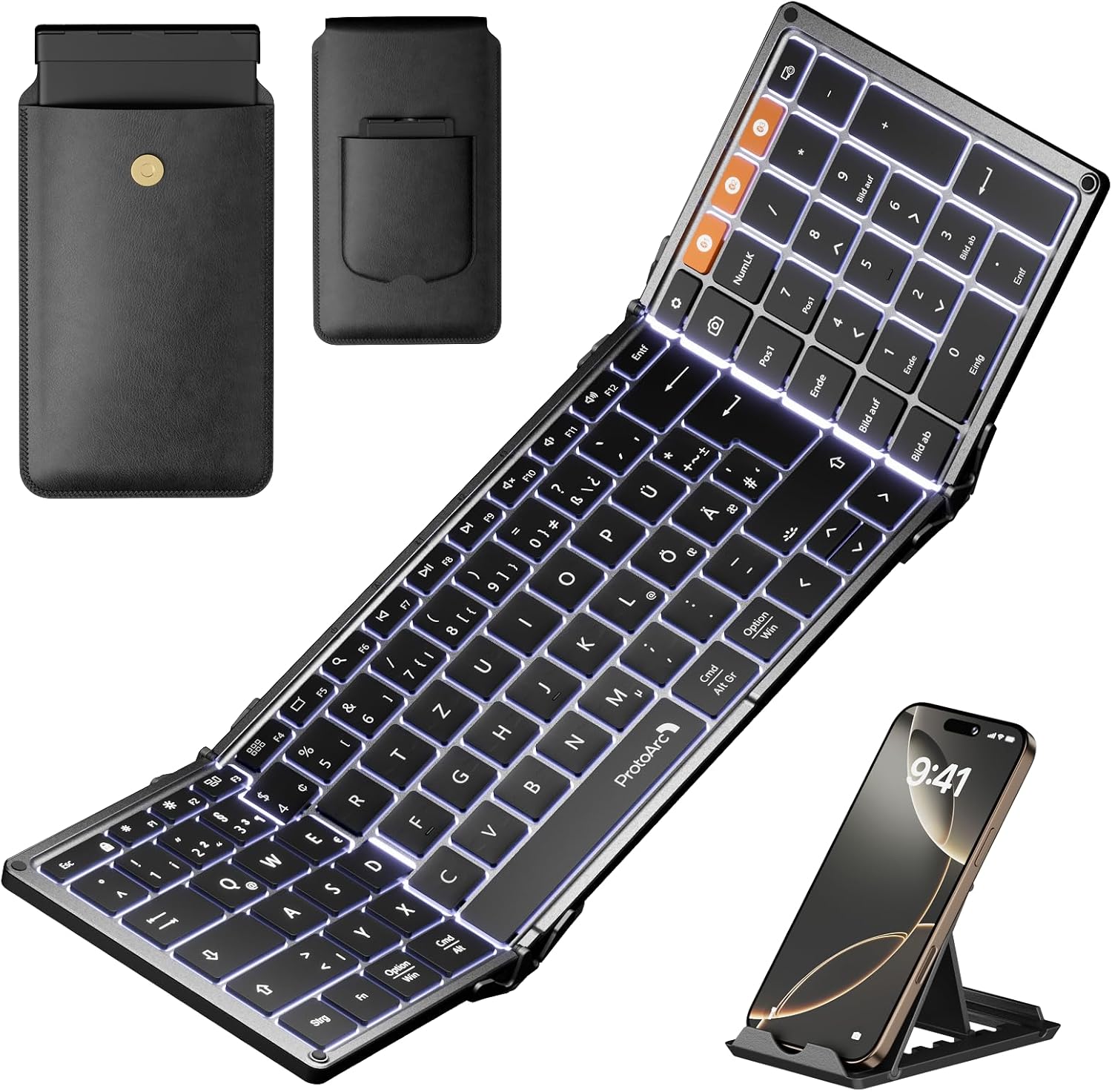 XK01 Plus foldable Bluetooth keyboard with white backlight, PU leather case, and phone stand.
