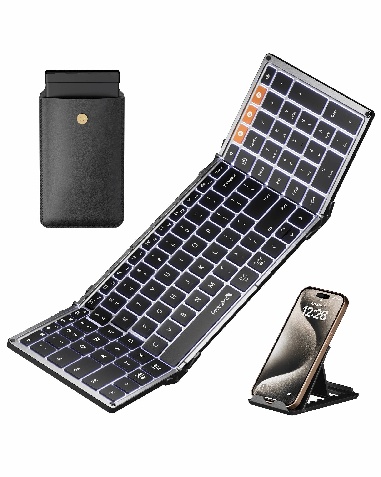 ProtoArc XK01 Plus foldable keyboard, white backlit keys, with leather case and phone stand.