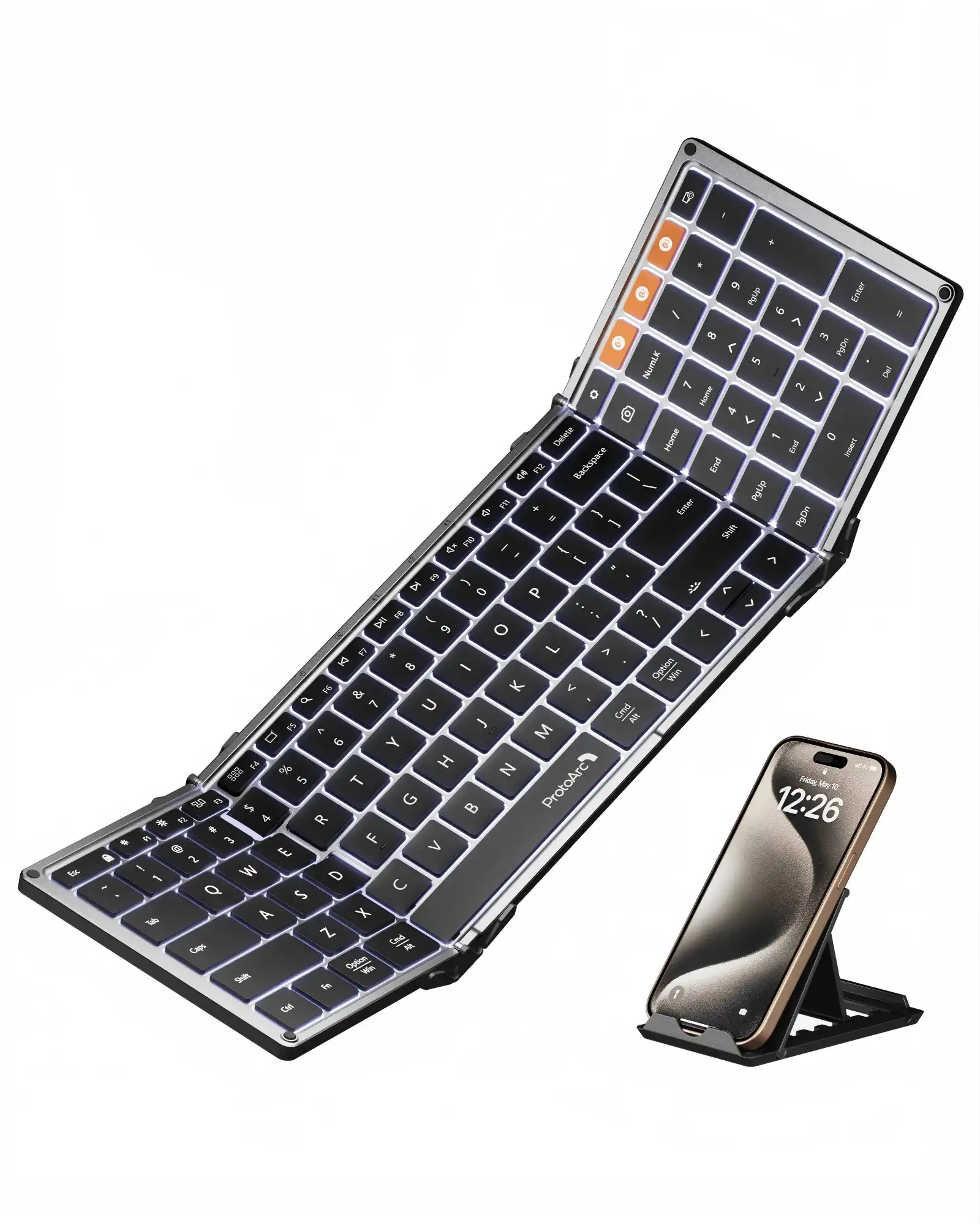 ProtoArc XK01 Plus foldable keyboard, white backlit keys, with leather case and phone stand.