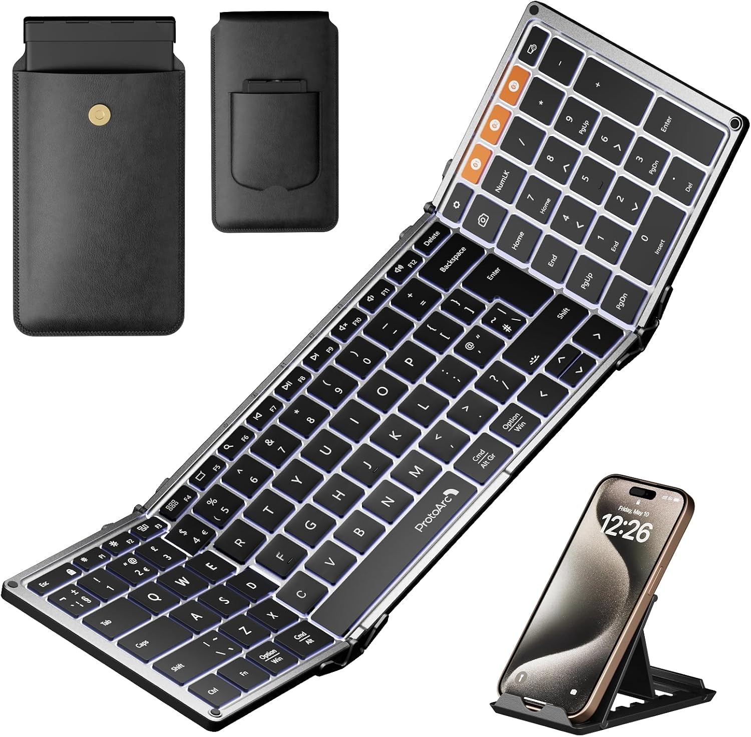 XK01 Plus backlit foldable Bluetooth keyboard (UK layout) shown open with phone stand and leather case.