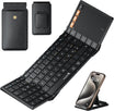 Black foldable Bluetooth keyboard with touchpad, DE layout, case, phone stand, and smartphone.