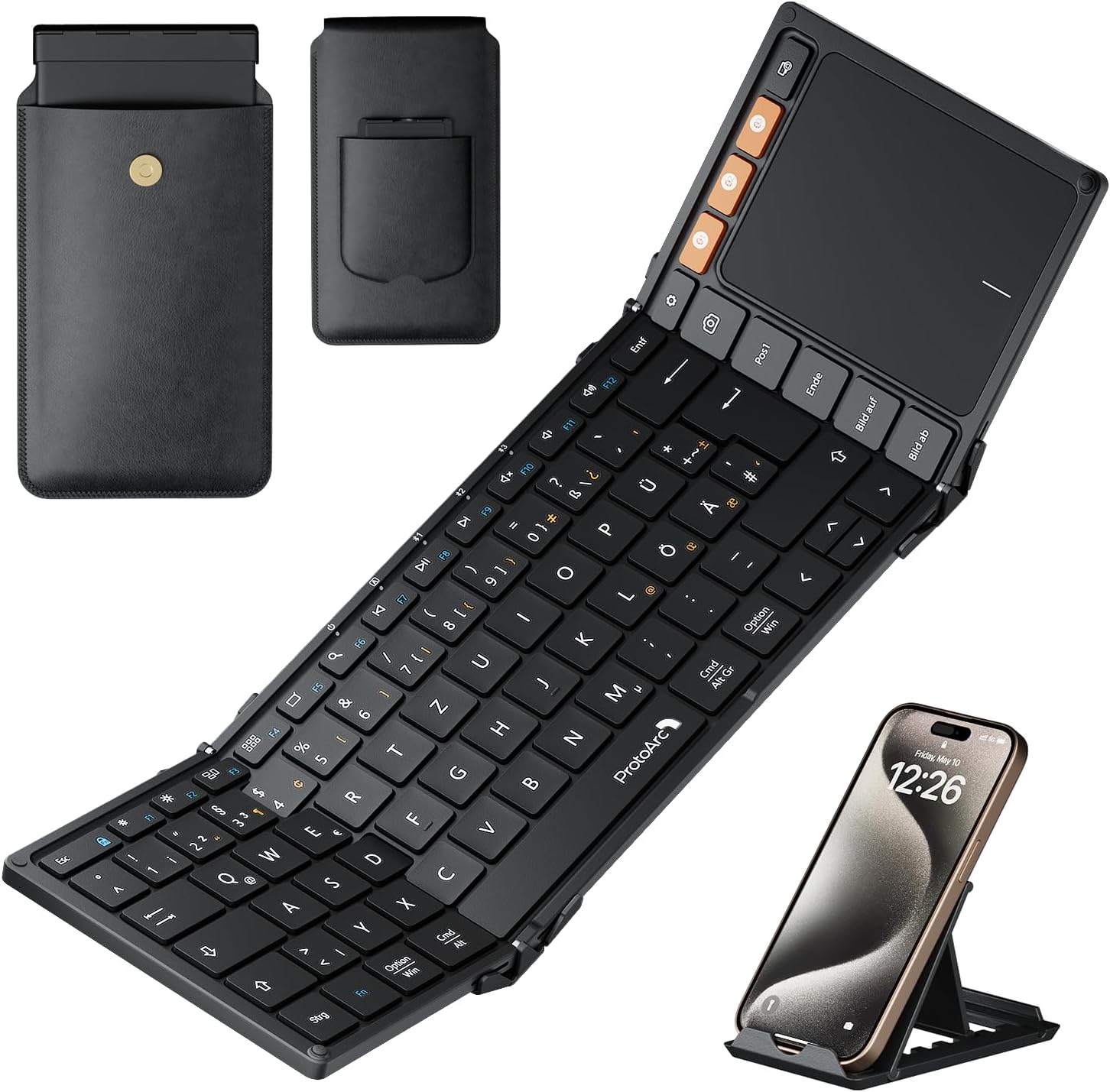 Black foldable Bluetooth keyboard with touchpad, DE layout, case, phone stand, and smartphone.