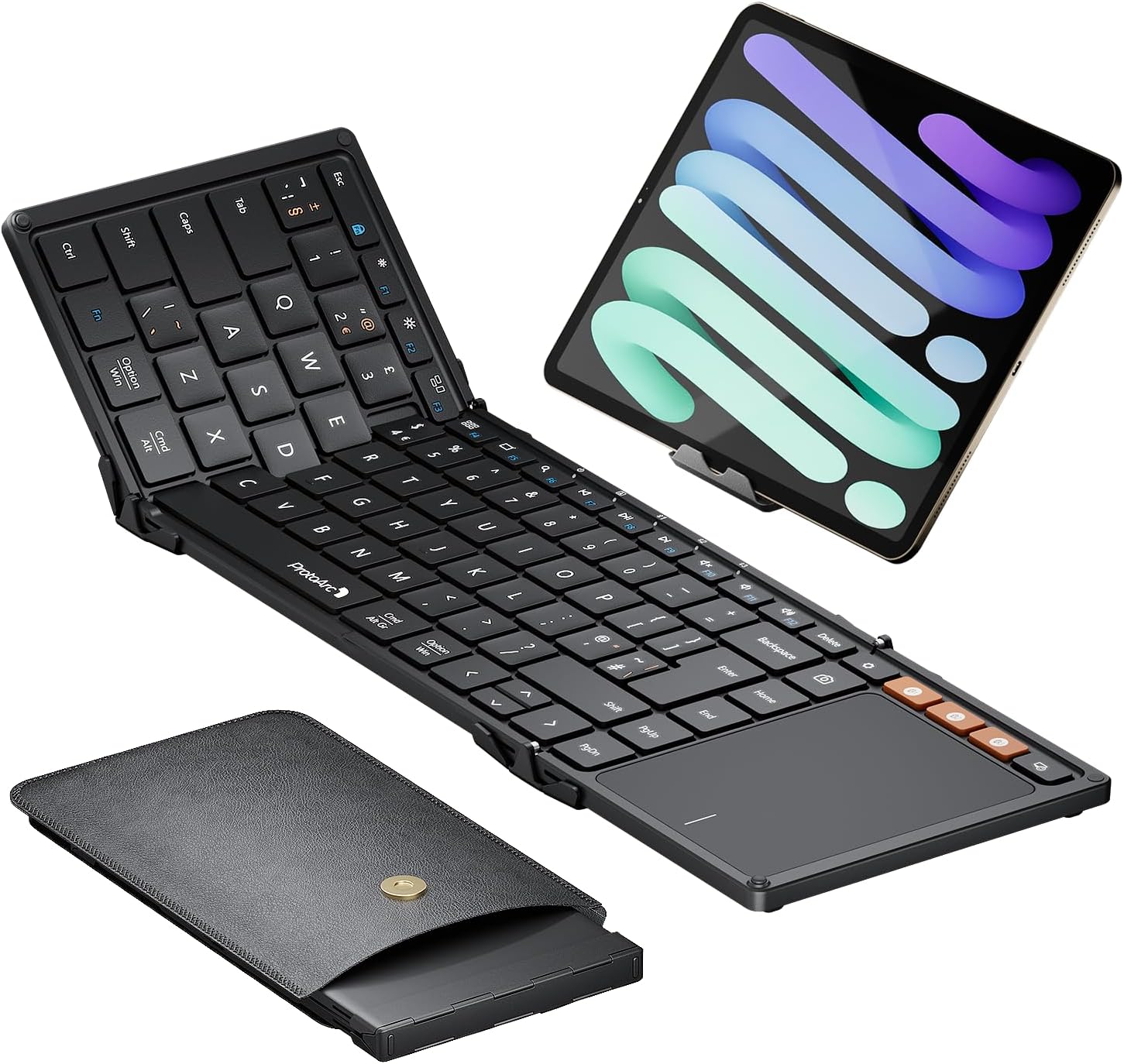 XK01 TP Foldable Bluetooth Keyboard with touchpad, UK layout, black. Includes iPad stand and PU leather case.