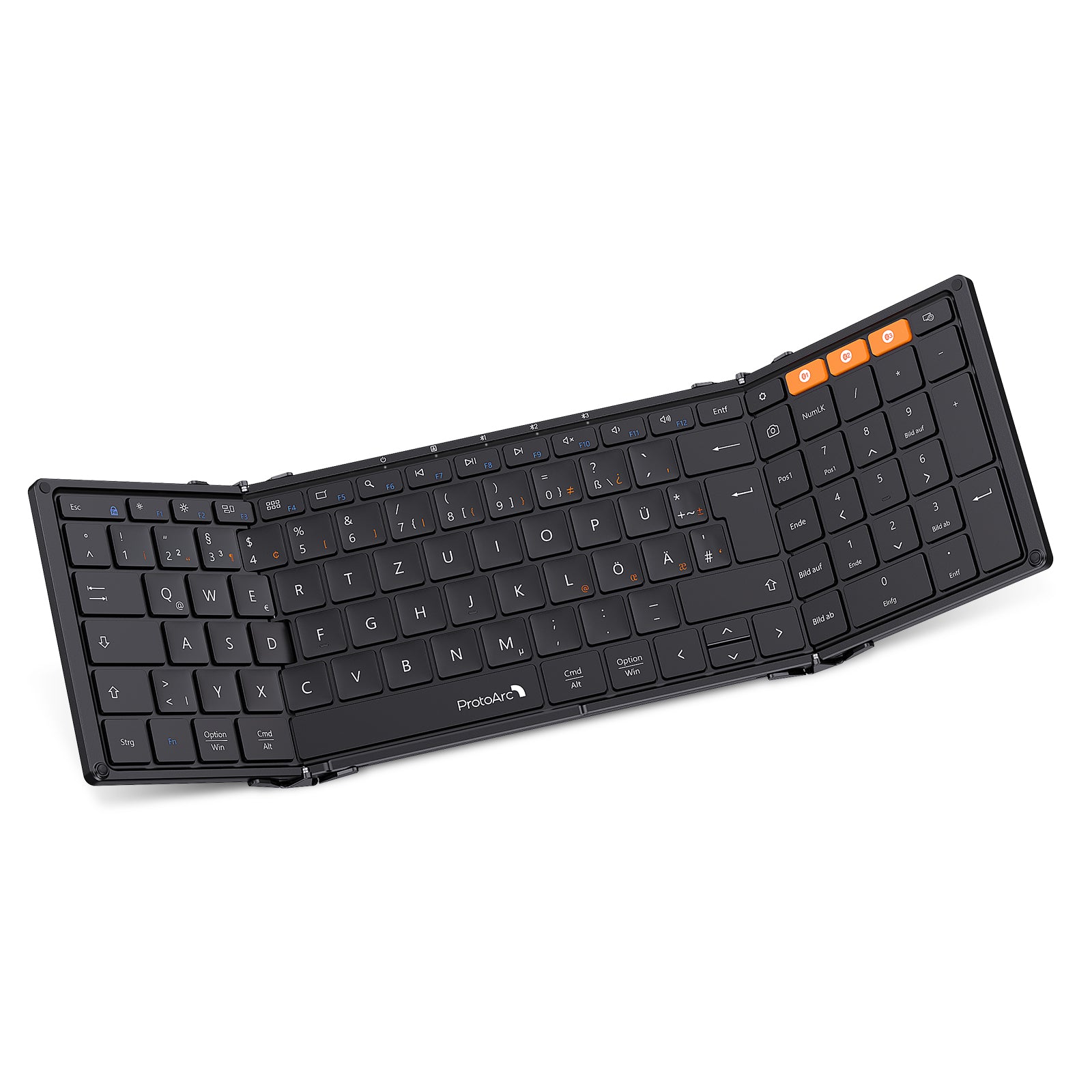 Black XK01 Tri-Fold Bluetooth Keyboard with German DE layout, orange function keys, and visible hinge.