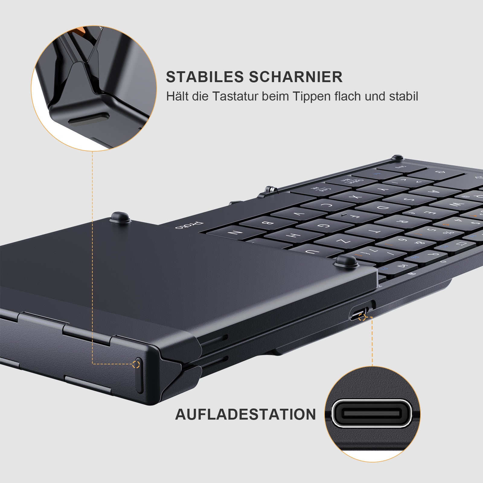 Black XK01 Tri-Fold Bluetooth Keyboard with German DE layout, featuring stable hinge and USB-C charging port.