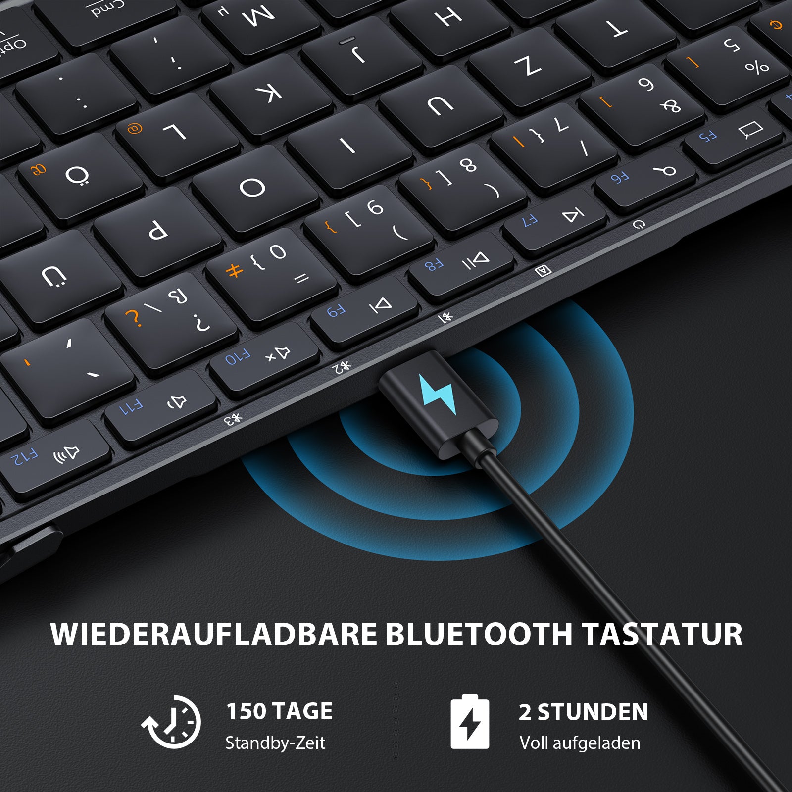 Black XK01 Tri-Fold Bluetooth Keyboard DE layout charging via USB-C, showing 150-day standby and 2-hour full charge.