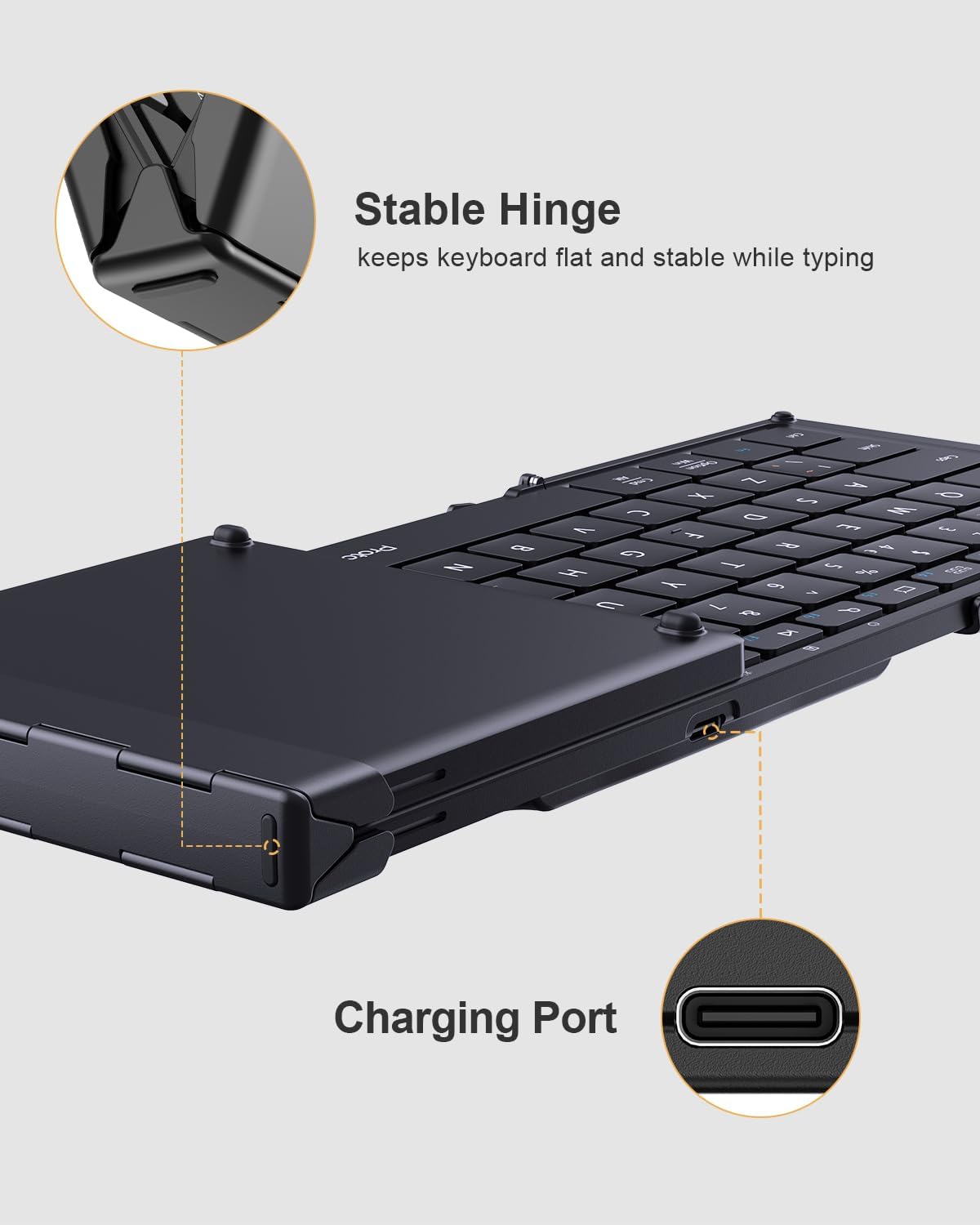 XK01 Tri-Fold Bluetooth Keyboard UK layout: close-up of stable hinge and USB-C charging port.