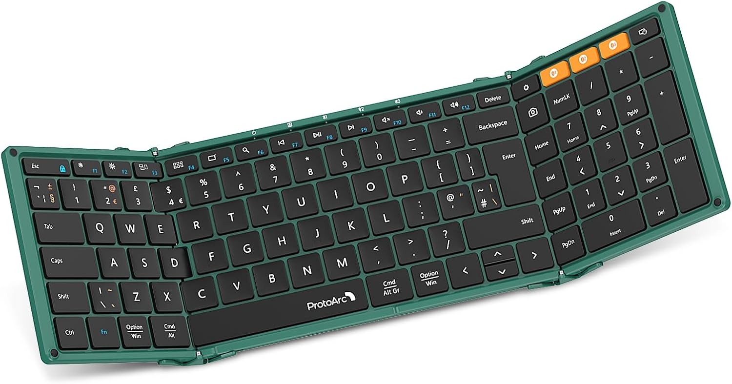 XK01 Tri-Fold Bluetooth Keyboard, deep green, UK layout, unfolded with orange accent keys. Portable design. ProtoArc logo.
