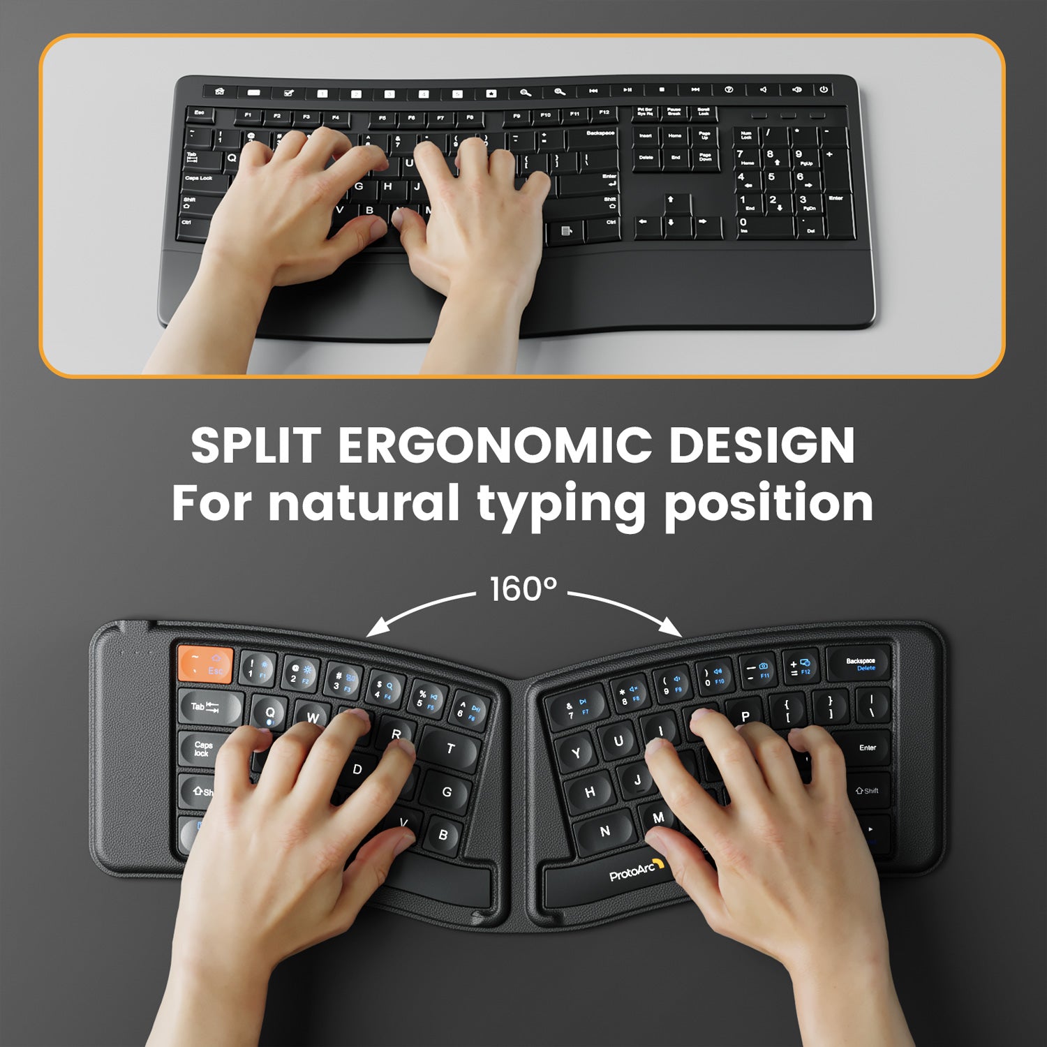 ProtoArc XK03 Foldable Ergonomic Keyboard, split design for natural typing, 160-degree angle, hands typing.