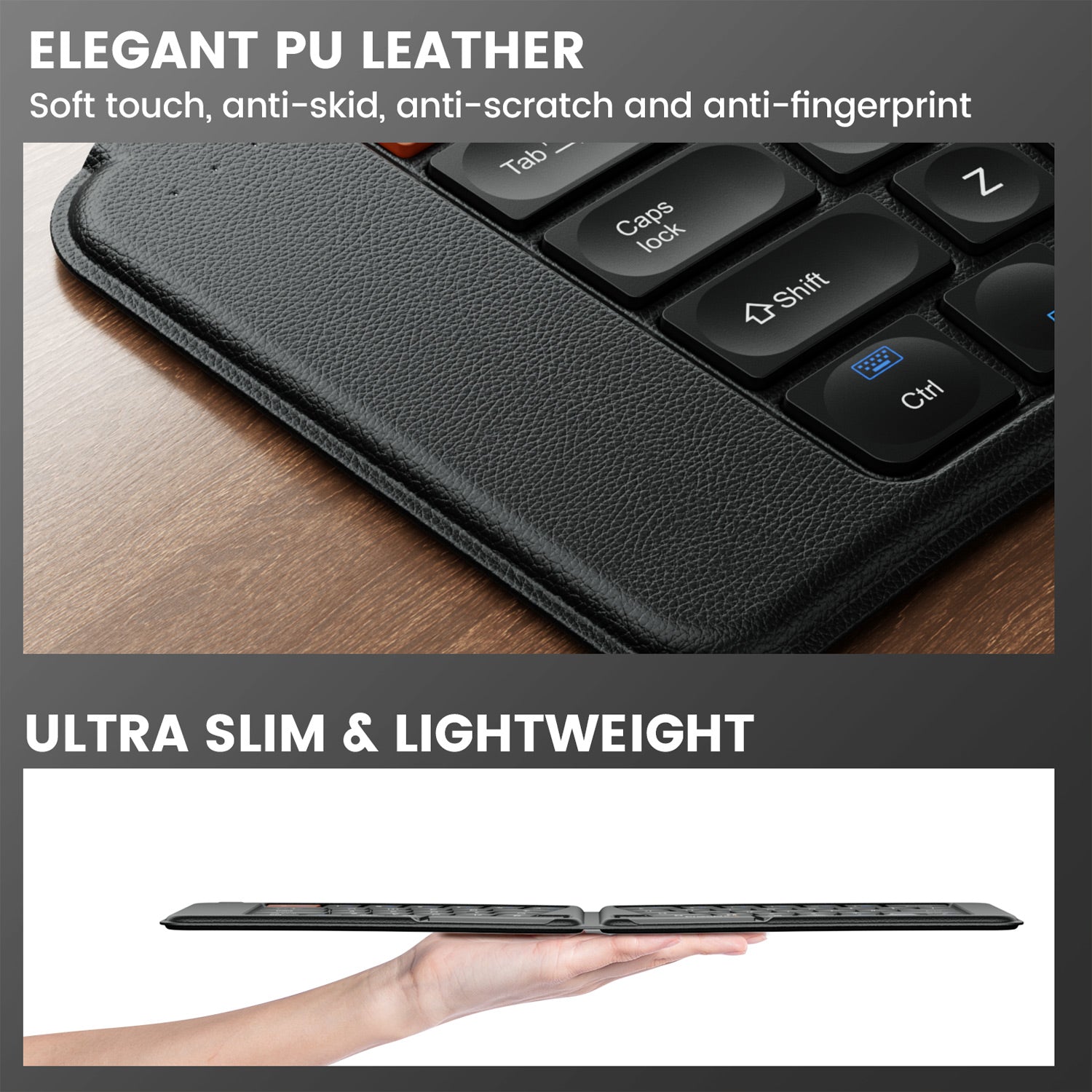 ProtoArc XK03 Foldable Keyboard with Elegant PU Leather, Ultra Slim, Lightweight design.