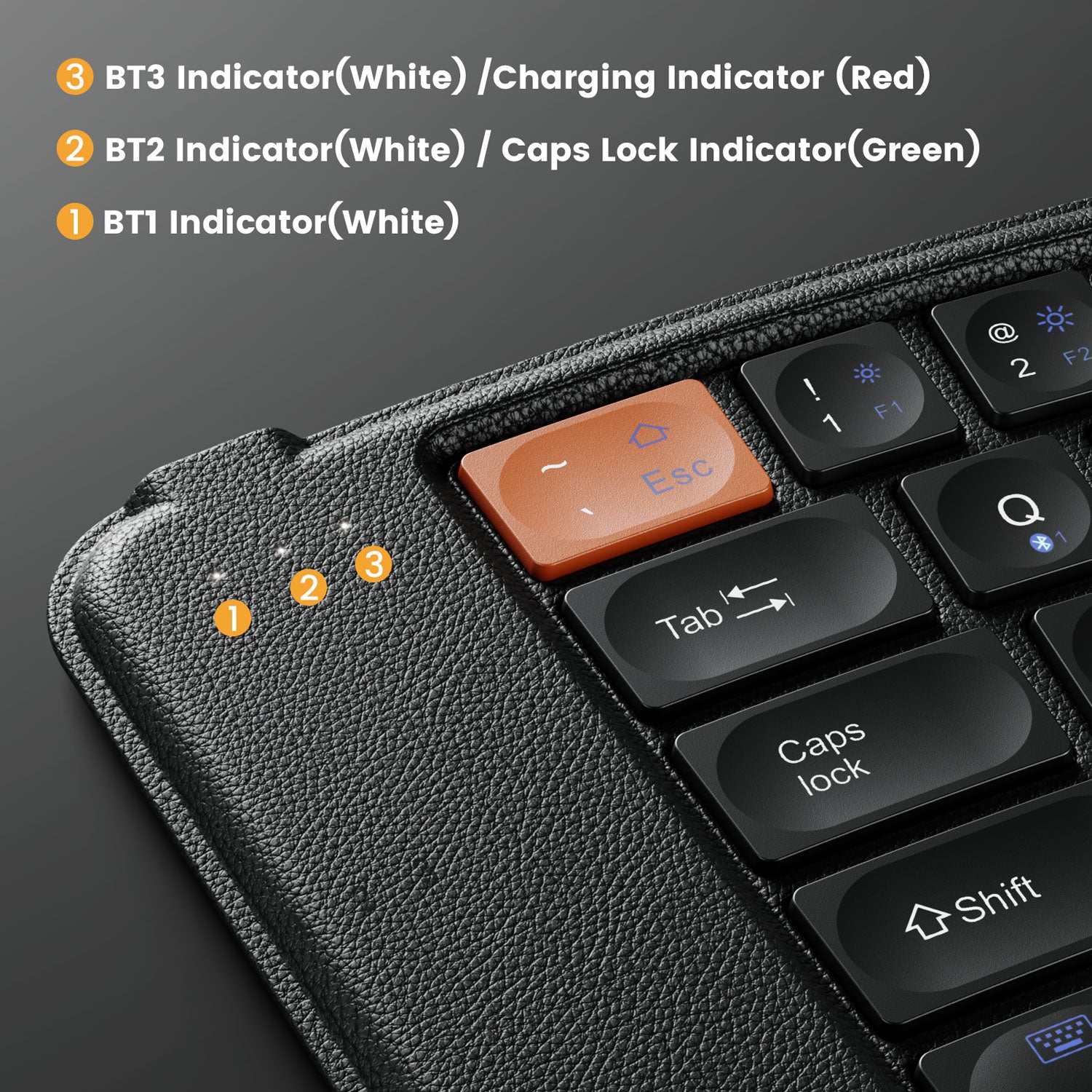 ProtoArc XK03 Foldable Keyboard, indicator lights showing Bluetooth and charging status, black leather design.