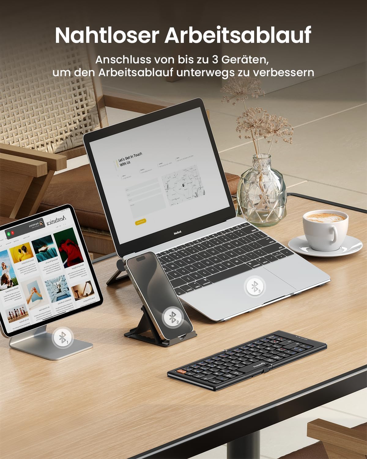 XK04 Foldable Compact Bluetooth Keyboard (DE Layout) connecting to MacBook, tablet, and smartphone for seamless workflow.