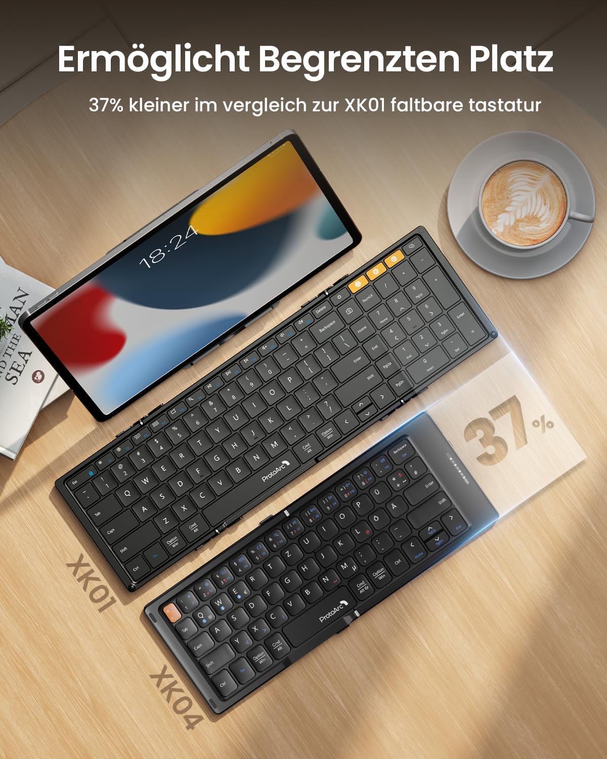 XK04 foldable compact Bluetooth keyboard (DE layout) shown next to XK01, 37% smaller, with tablet and coffee.