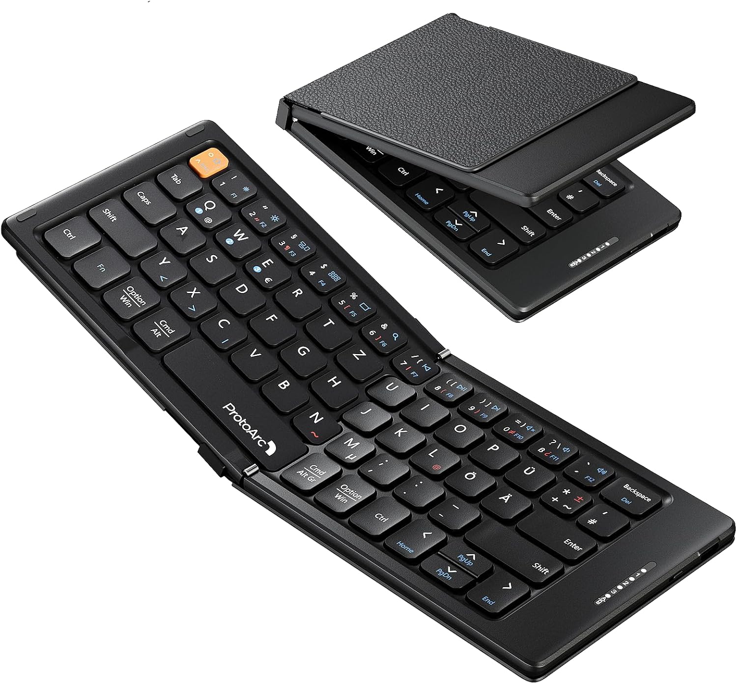 ProtoArc XK04 foldable compact Bluetooth keyboard with DE layout, shown open and partially folded.