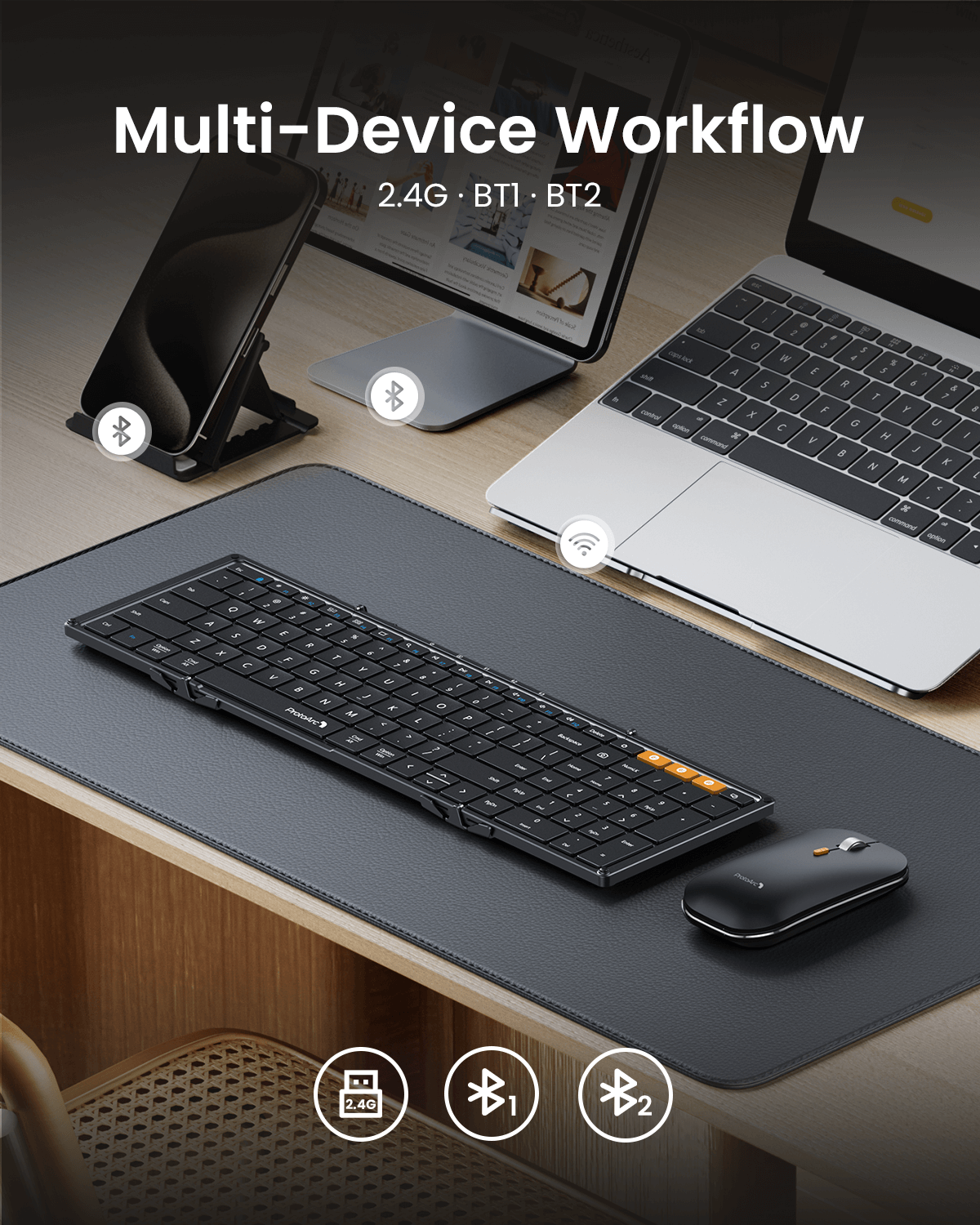 ProtoArc XKM01 foldable keyboard and mouse combo, multi-device workflow via Bluetooth and 2.4G, for laptop, tablet, and phone