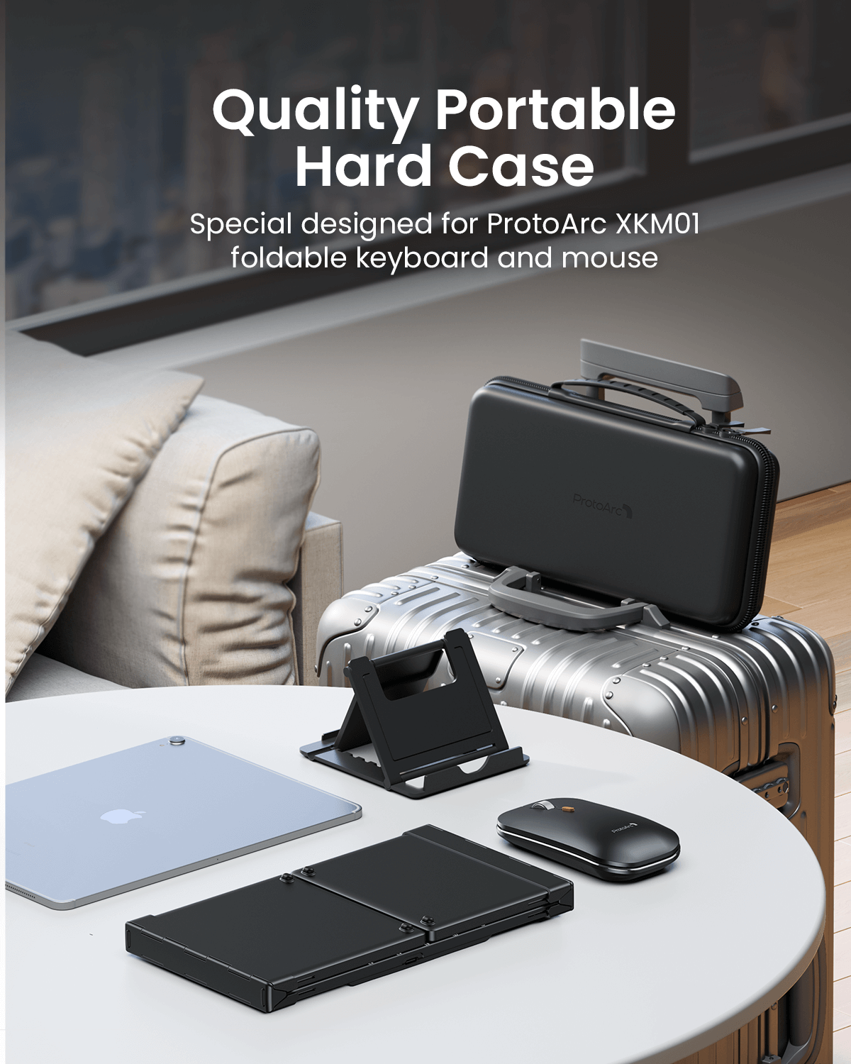 ProtoArc XKM01 foldable keyboard and mouse combo with quality portable hard case, ideal for travel and business.