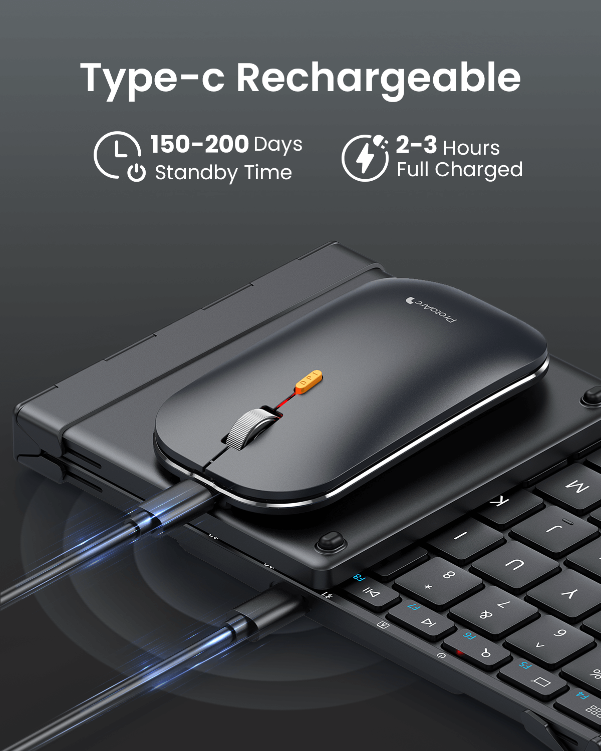 ProtoArc XKM01 combo: Type-C charging, long standby (150-200 days) and fast charging (2-3 hours).