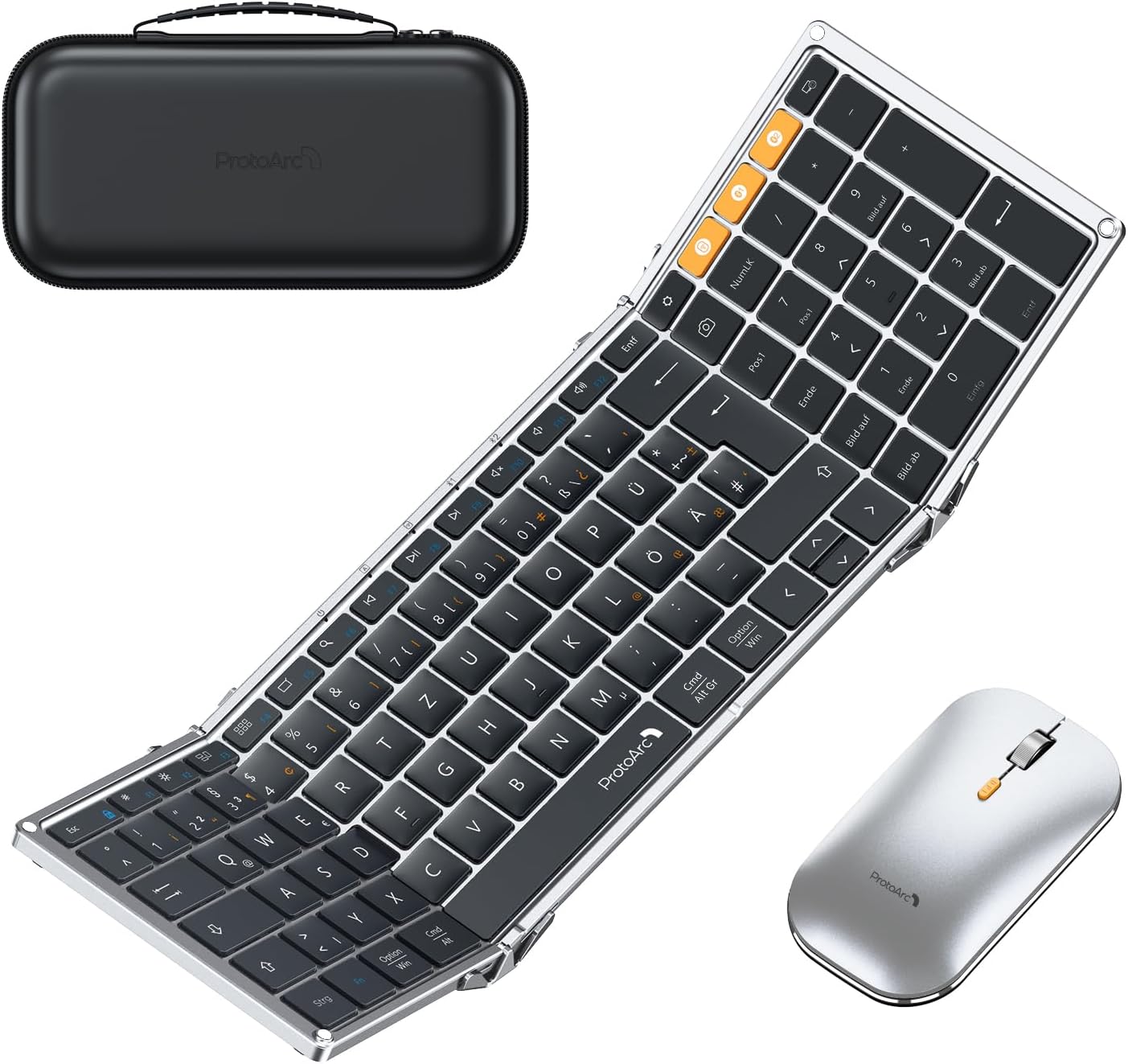 ProtoArc XKM01 Tri-Fold Keyboard (DE Layout) and silver ergonomic mouse with black carrying case.